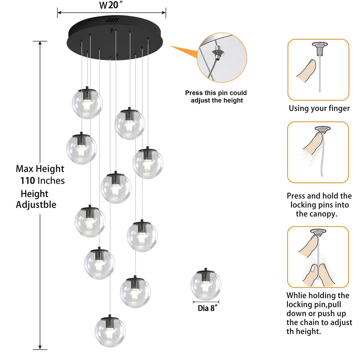 ykolupty 10-Light LED Staircase Modern Glass Globe Pendant Light Large ...
