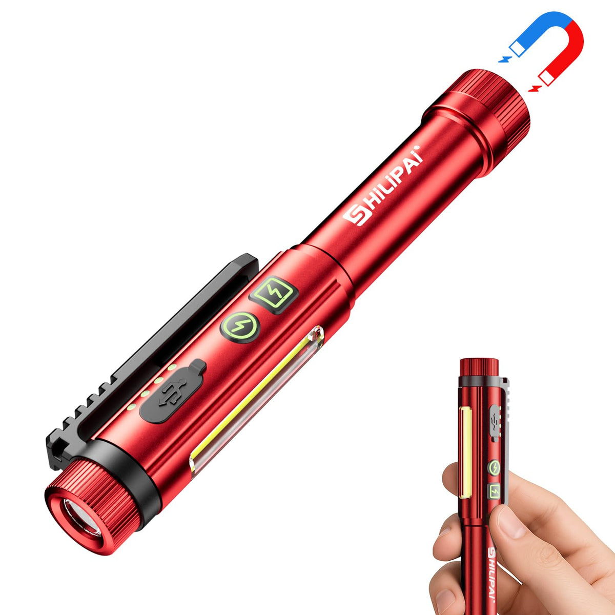 SHiLiPAi Penlight Flashlight, Rechargeable Work Light 600 Lumens COB LED Pen Light with Magnetic Clip, 8 Modes Pocket Flashlight