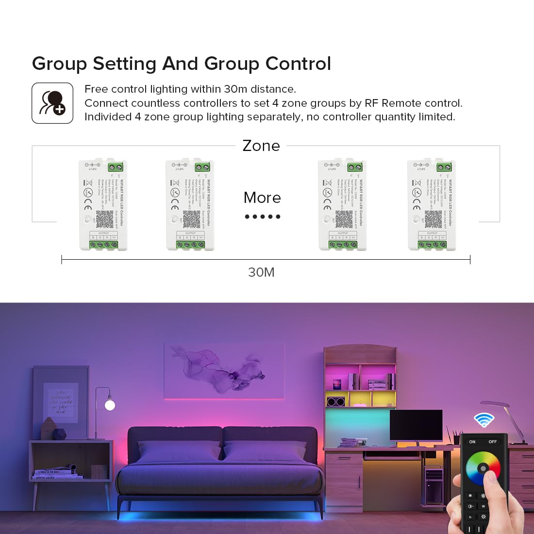 BTF-LIGHTING 5050SMD FCOB COB RGB afstandsbediening RF RC03RFB & 2 stuks C03RF Controller Kit 4-Zone RF 2,4 GHz draadloze afstandsbediening voor RGB ledstrips ( V R G B) 4-polig DC5V DC12V DC24V