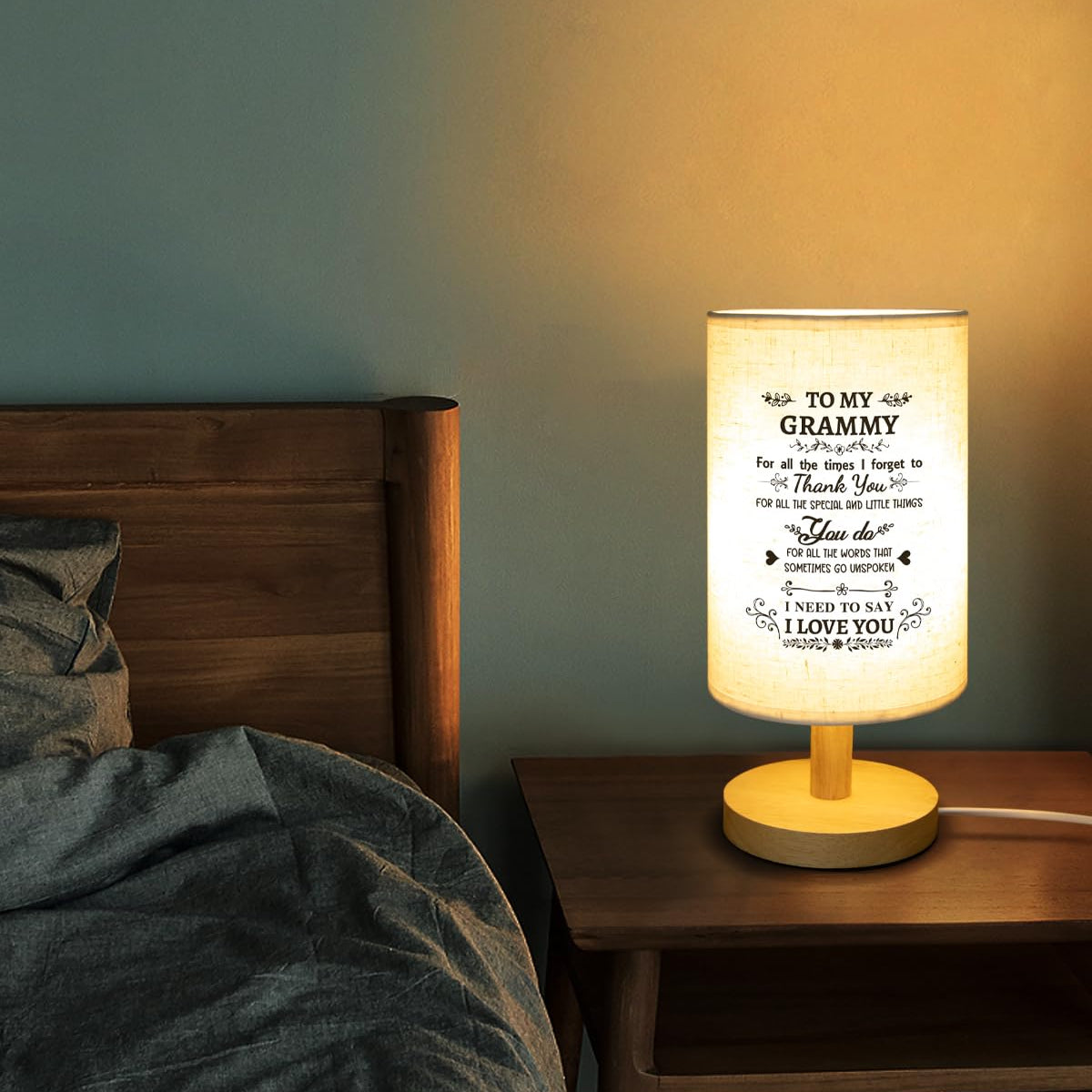 Calibron Linen Fabric Wooden Table Lamp – Cozy Grandma Gift For Birthday, Retirement, Bedside Or Nightstand