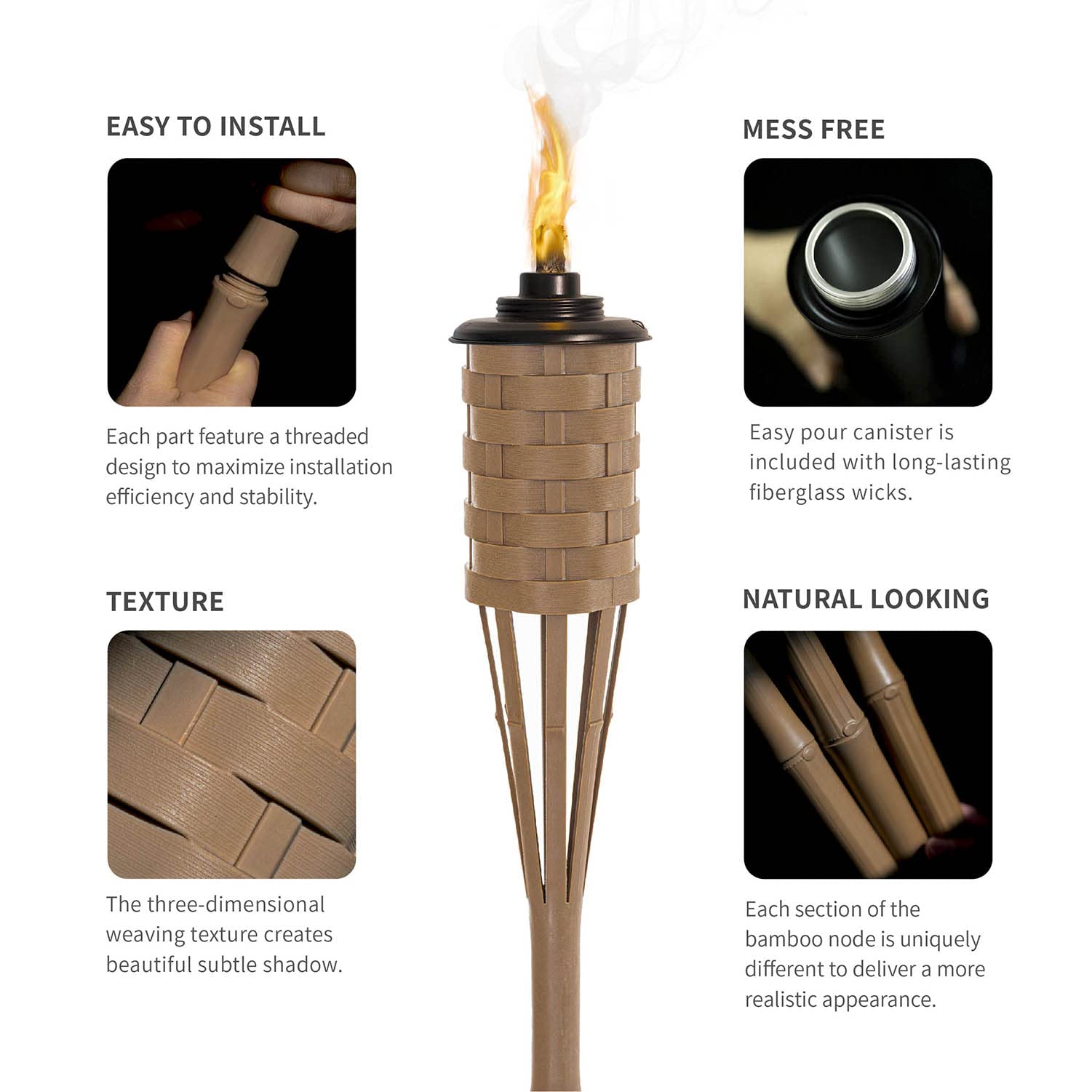Citronella Torches (Brown Color, 4pack); Bamboo Torch, Perfect For Outdoor Lighting, Luau