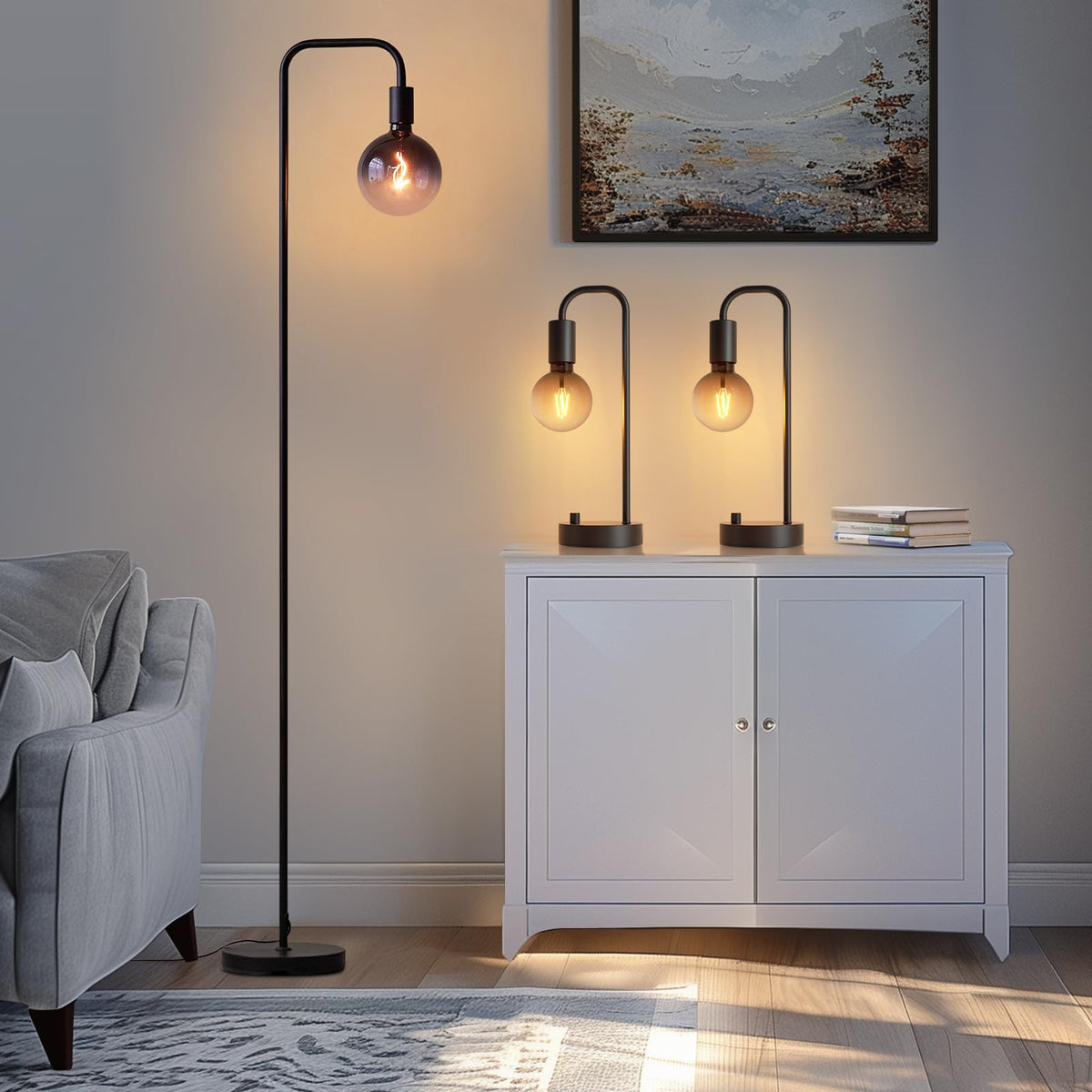 ONEWISH Industrial Lamp Set 3 Piece-1 Floor Lamp and 2 Dimmable Table ...