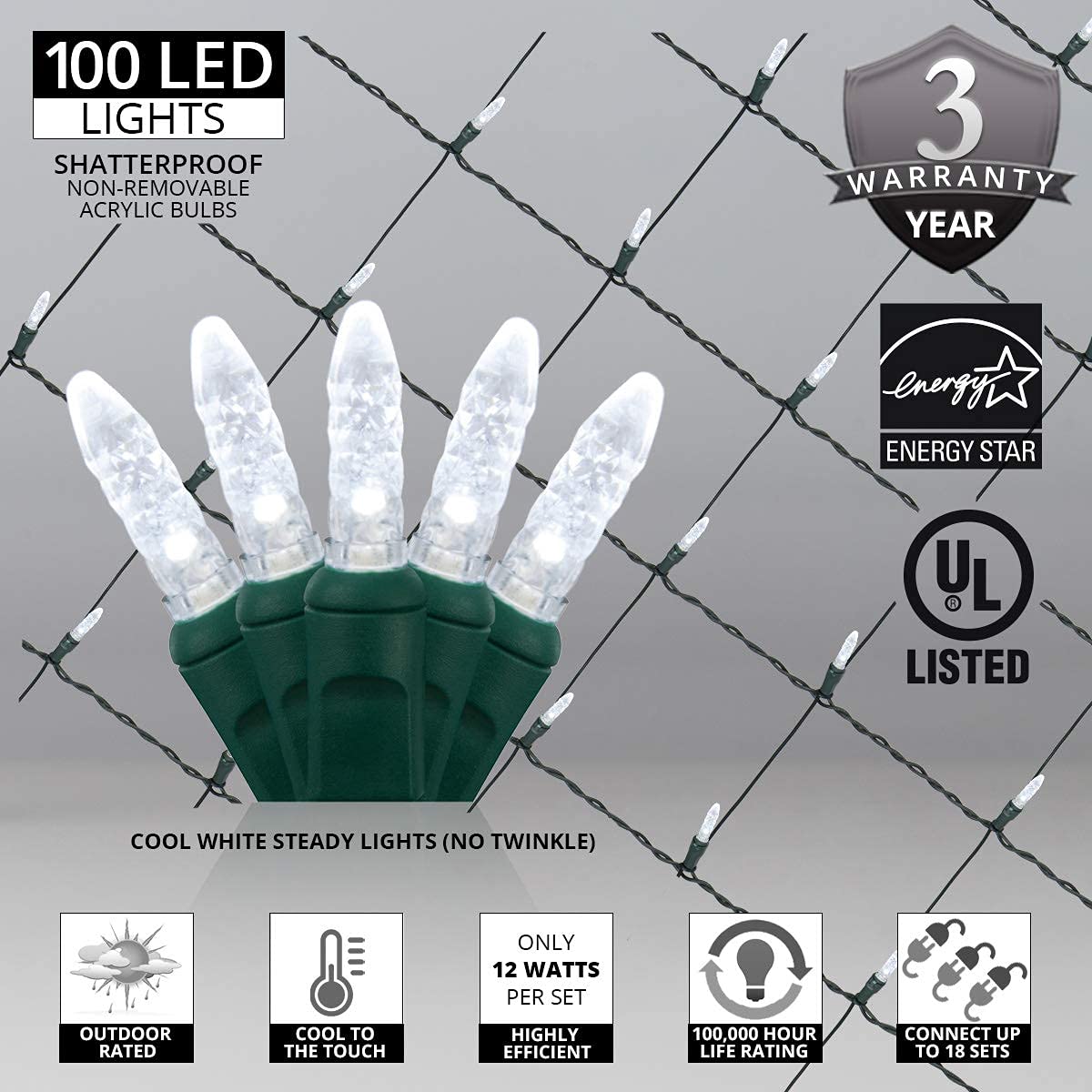Set of 100 Cool White LED Net Lights – Christmas Net Lights, Outdoor ...