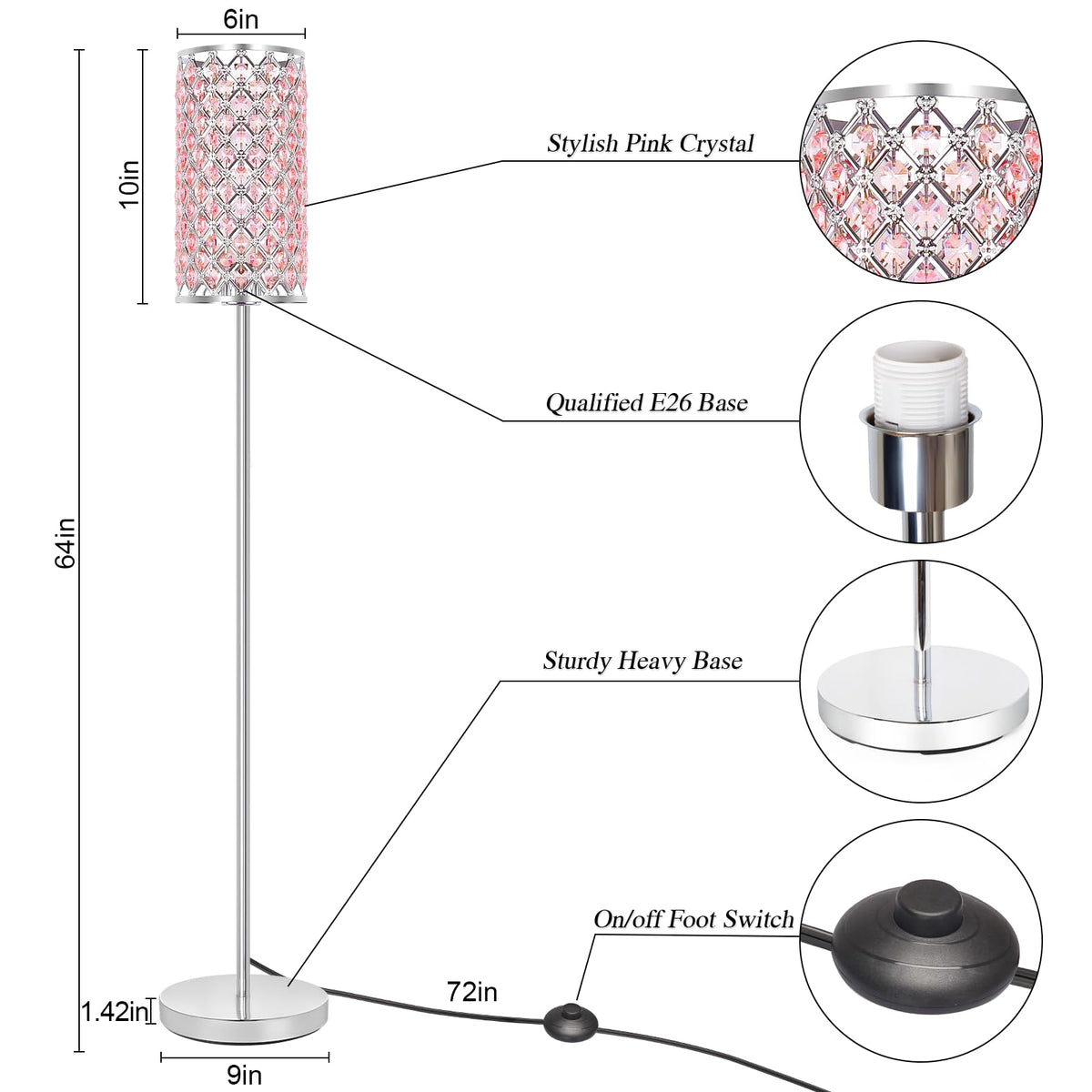 Crystal Floor Lamp for Bedroom, Silver Floor Lamp with Pink Shade ...