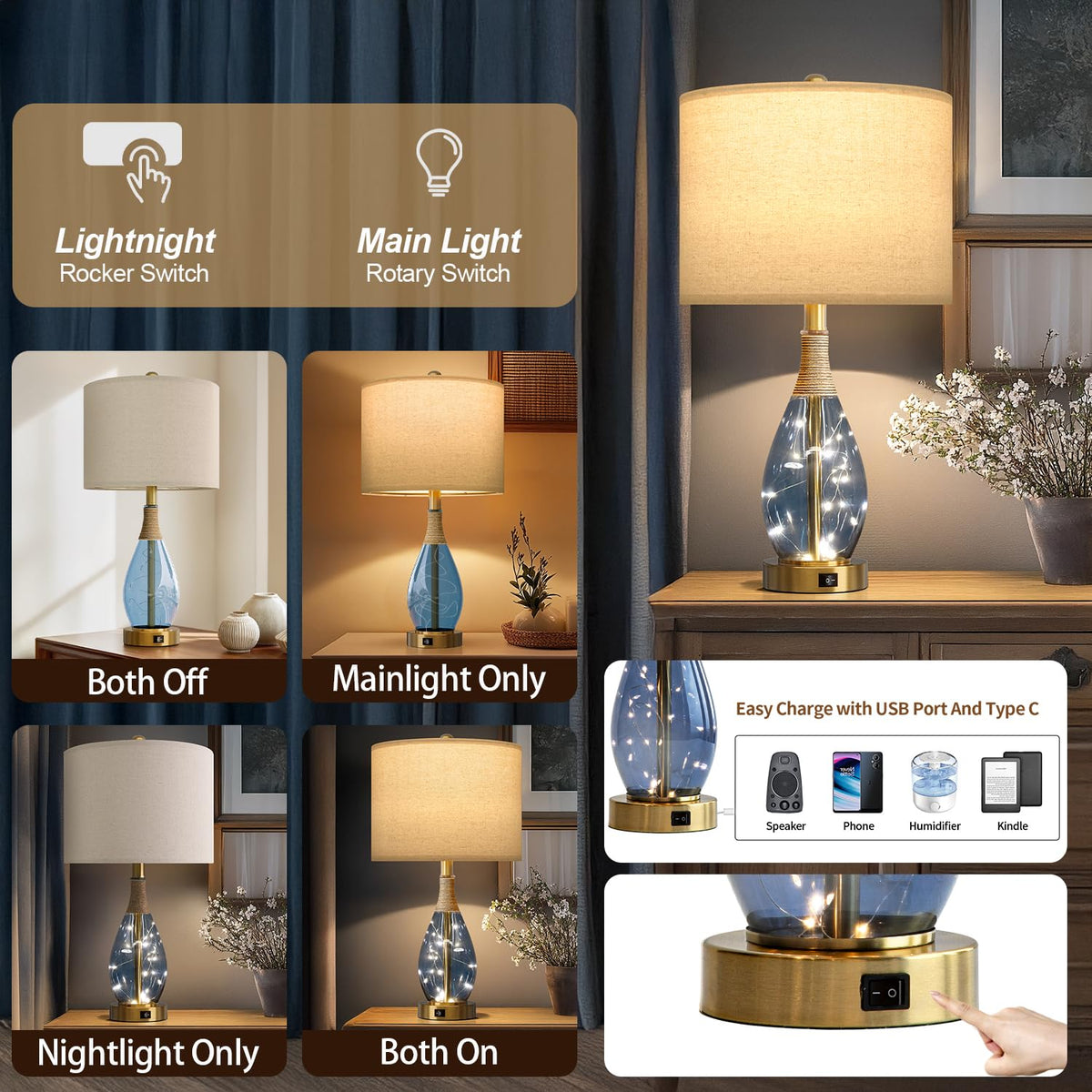 OYEARS 23" Blue Table Lamps Set of 2 - Rattan Boho Design, Glass Night ...
