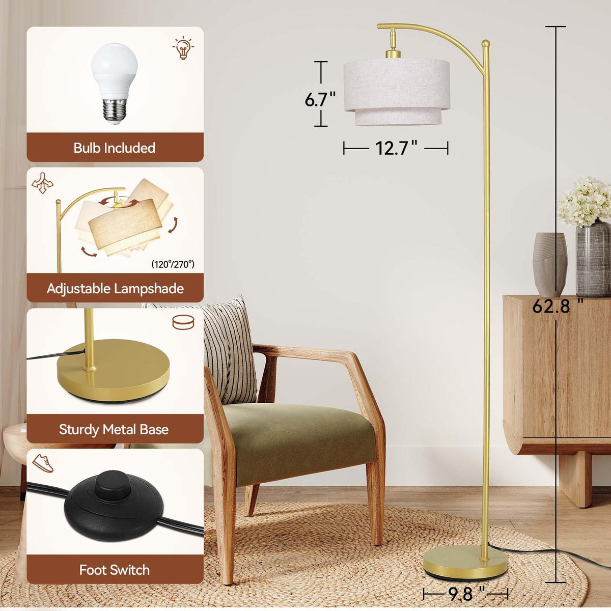 SUNMORY Arc Floor Lamp with 12W LED Bulb, Adjustable Double Fabric Sha ...