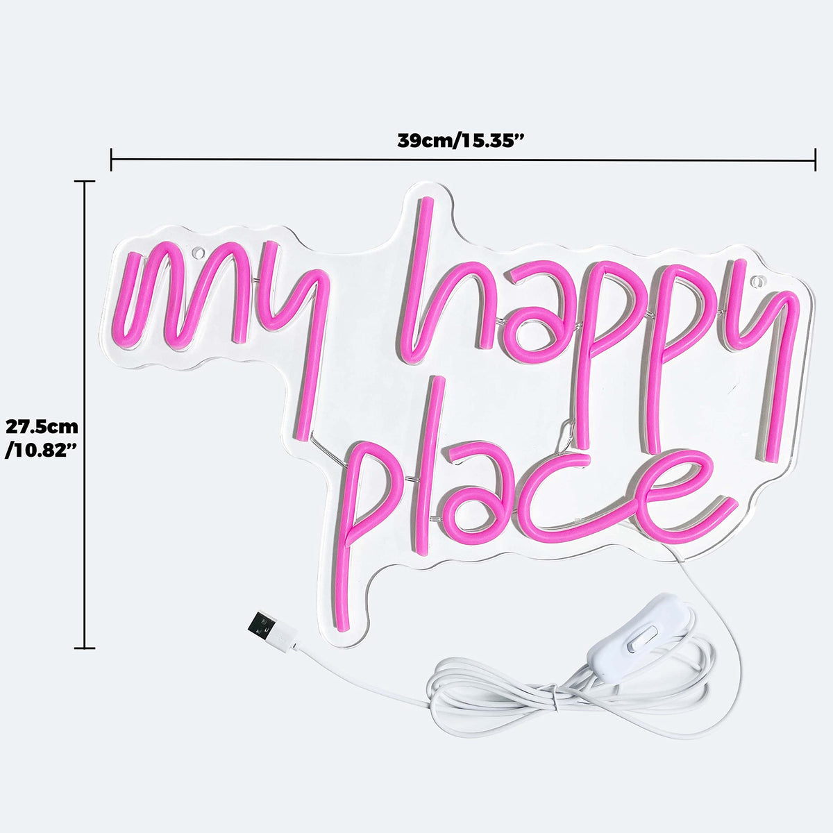 GGK Insegna Al Neon LED My Happy Place – Scritta Luminosa Rosa 39x27,5 Cm – Decorazione Da Parete Estetica Per Camera Da Letto, Soggiorno, Matrimoni