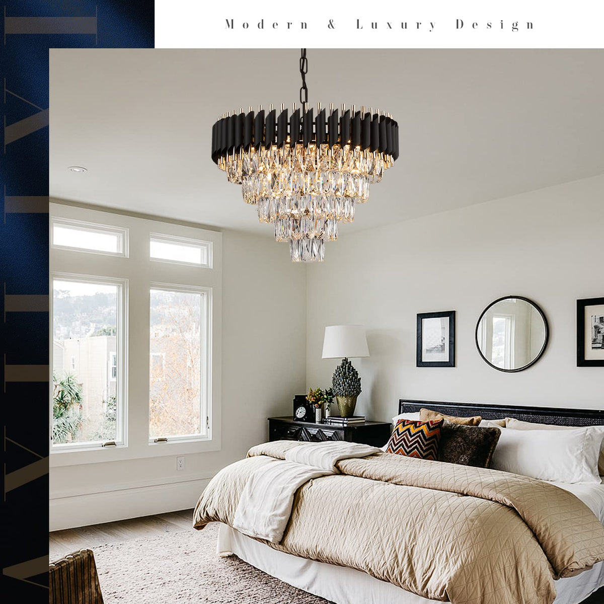 AXILIXI Crystal Chandelier, 24" Modern K9 Crystal Pendant Lighting, Bl ...