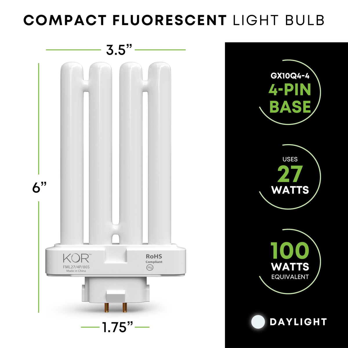 Kor Pack Of 2 - Fml27-65K Light Bulbs 27 Watt 4 Pin Fml Lamp Replaceme ...