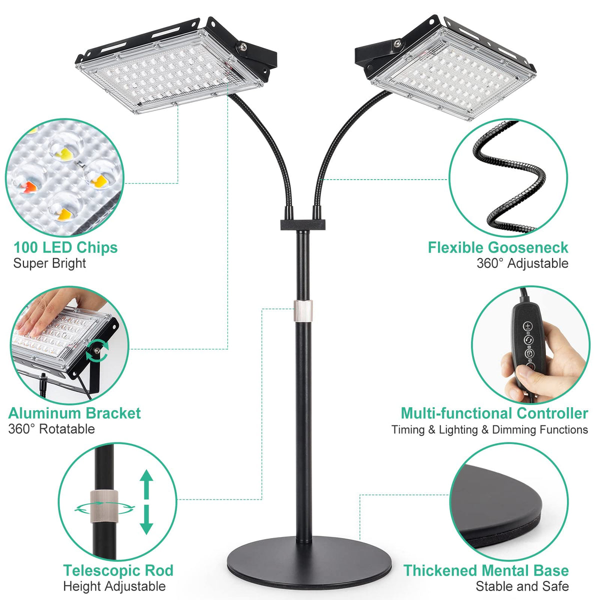 LBW Dual Head Desk Grow Light - Full Spectrum, Adjustable Height, Time ...