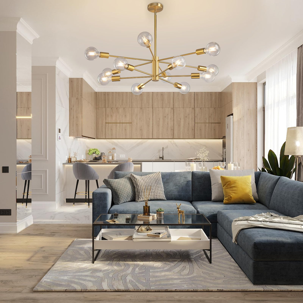KAISITE Modern Sputnik Chandelier Ceiling Light Fixture 12-Light Gold ...