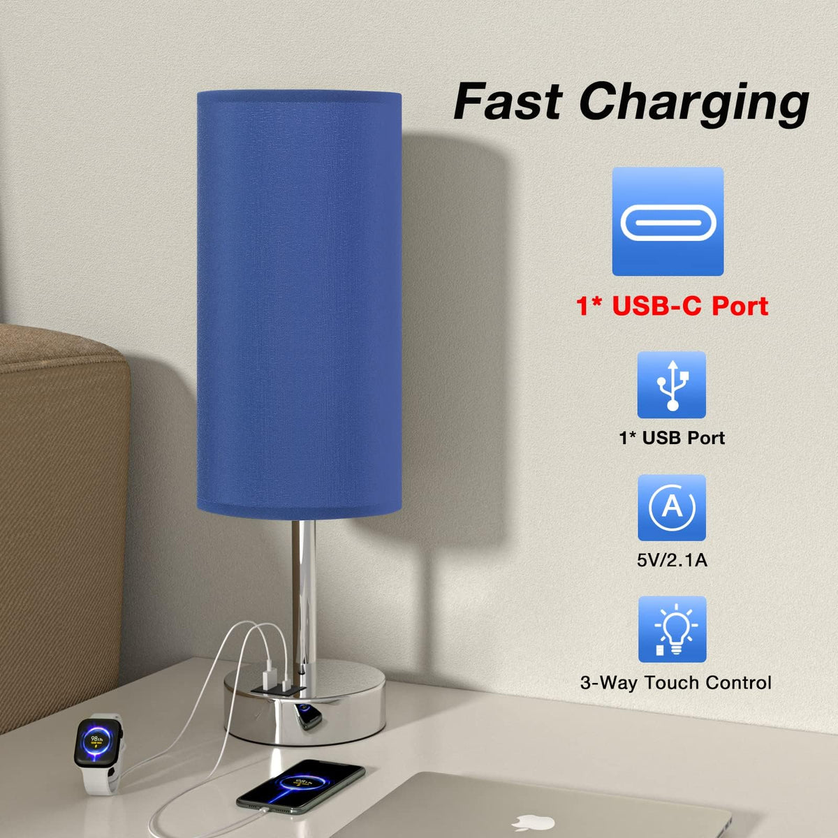 Navy Blue Touch Lamp for Boys - Small Nightstand Lamp with USB-C and ...