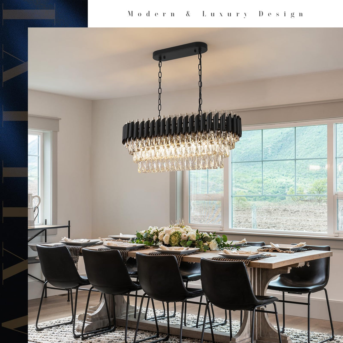 A AXILIXI Modern Rectangular Chandelier, 32" Black & Gold Crystal, 8 L ...