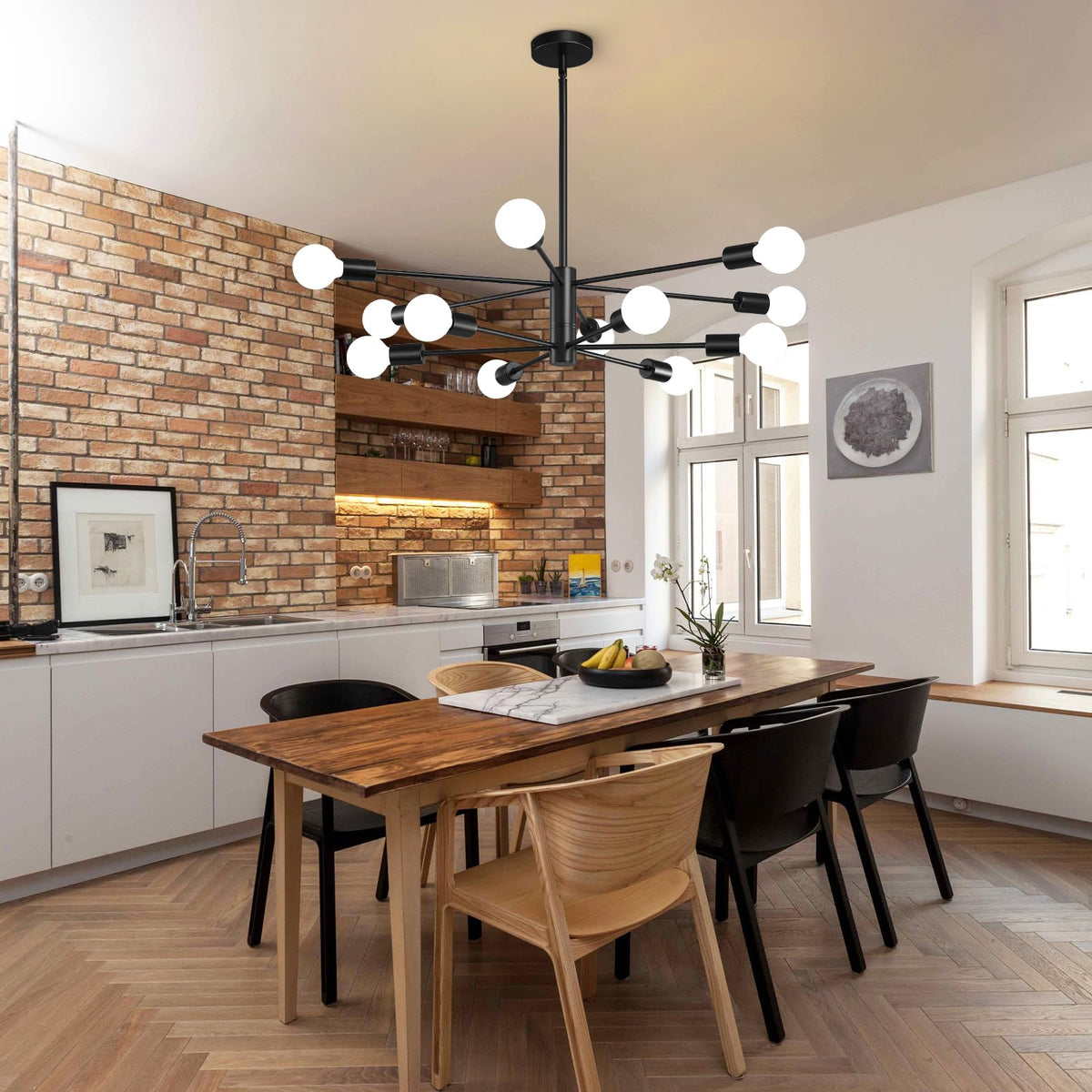 KAISITE Modern Sputnik Chandelier Ceiling Light Fixture 12-Light Black ...