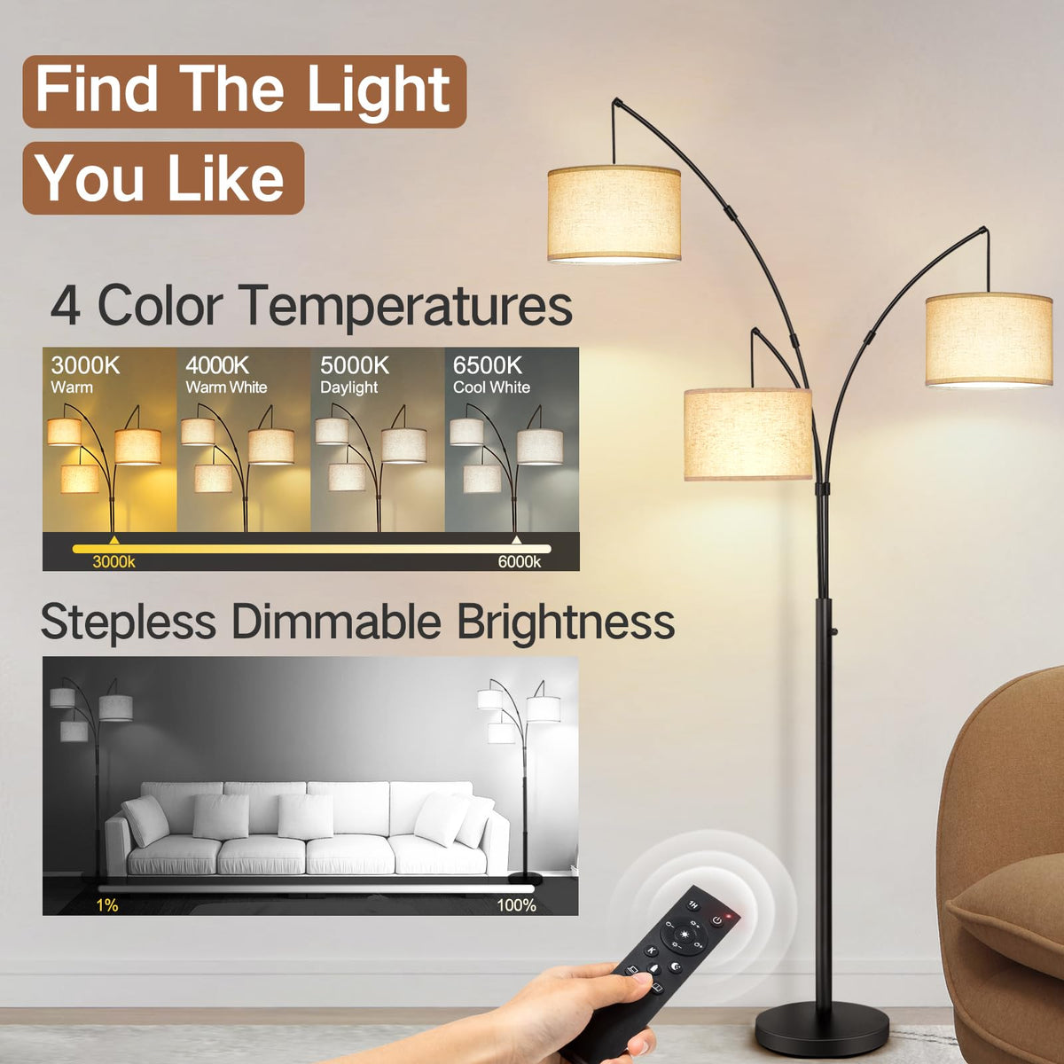 OUTON Arc LED Floor Lamp with Remote Control, Dimmable Modern Black 3 ...