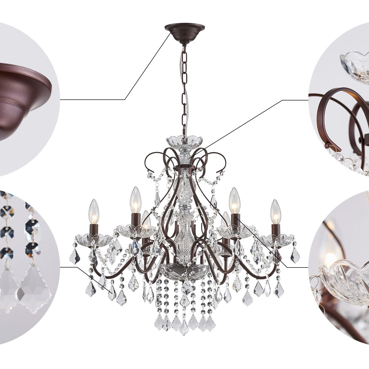 SM Saint Mossi 6-Light Crystal Chandelier, Modern Raindrop Design, Dar ...