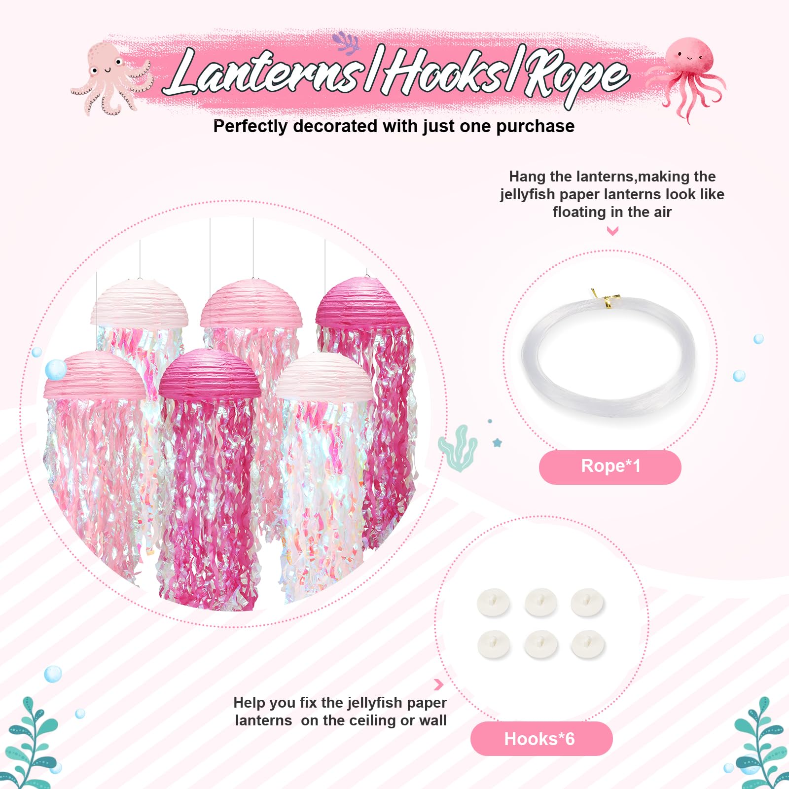 Pink Jellyfish Lanterns 6-Pack - Under The Sea Party Decor With String & Hooks