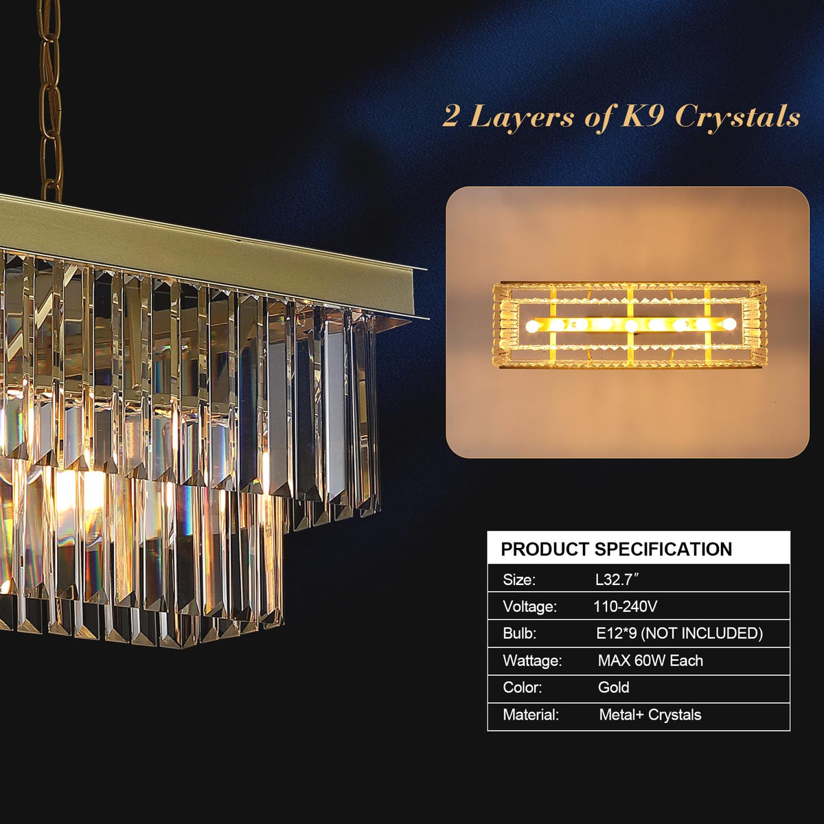 A Axilixi Rectangular Crystal Chandelier Gold For Dining Room Modern C ...