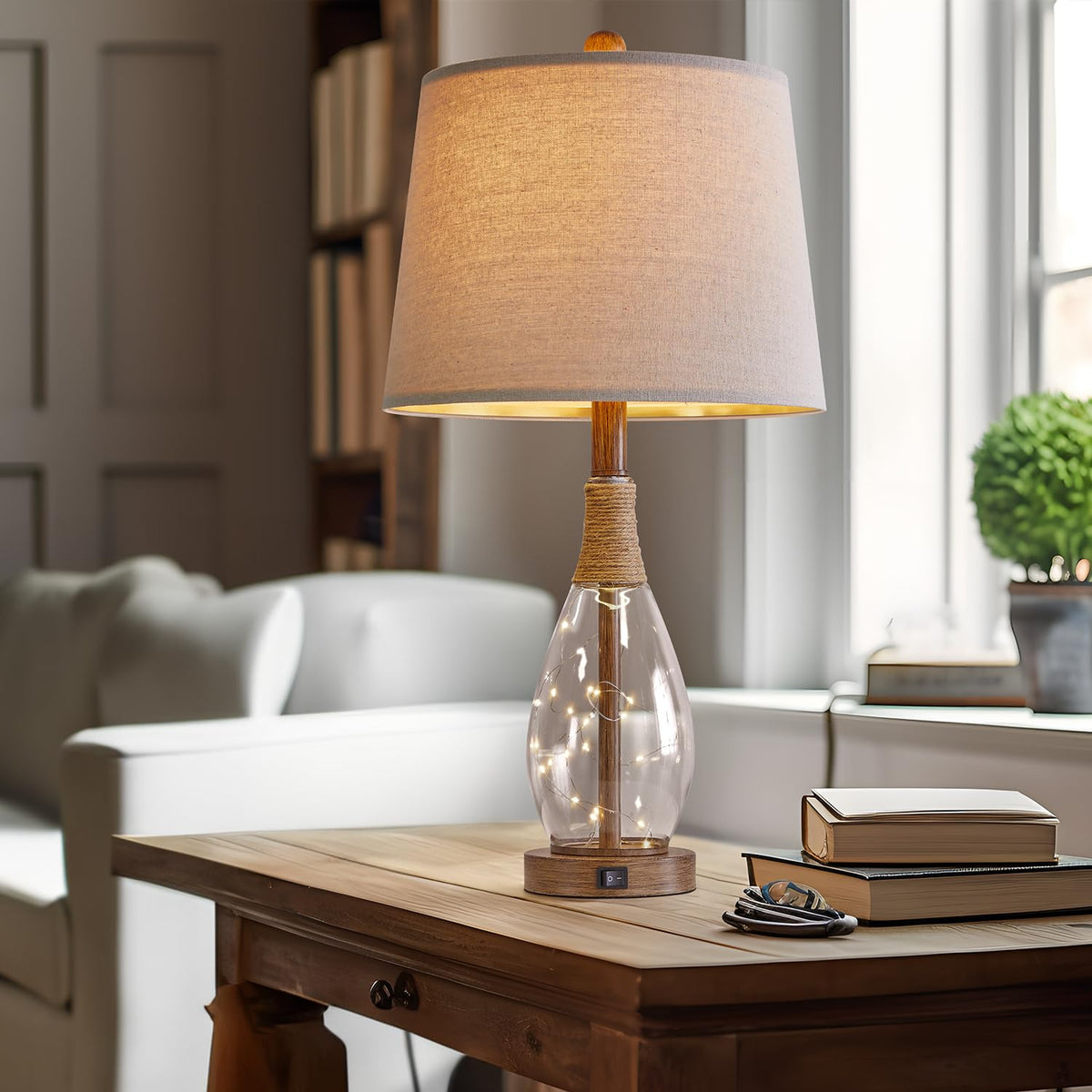 OYEARS 23" USB A+C Table Lamp Set of 2, Modern Rattan & Glass Bedside ...