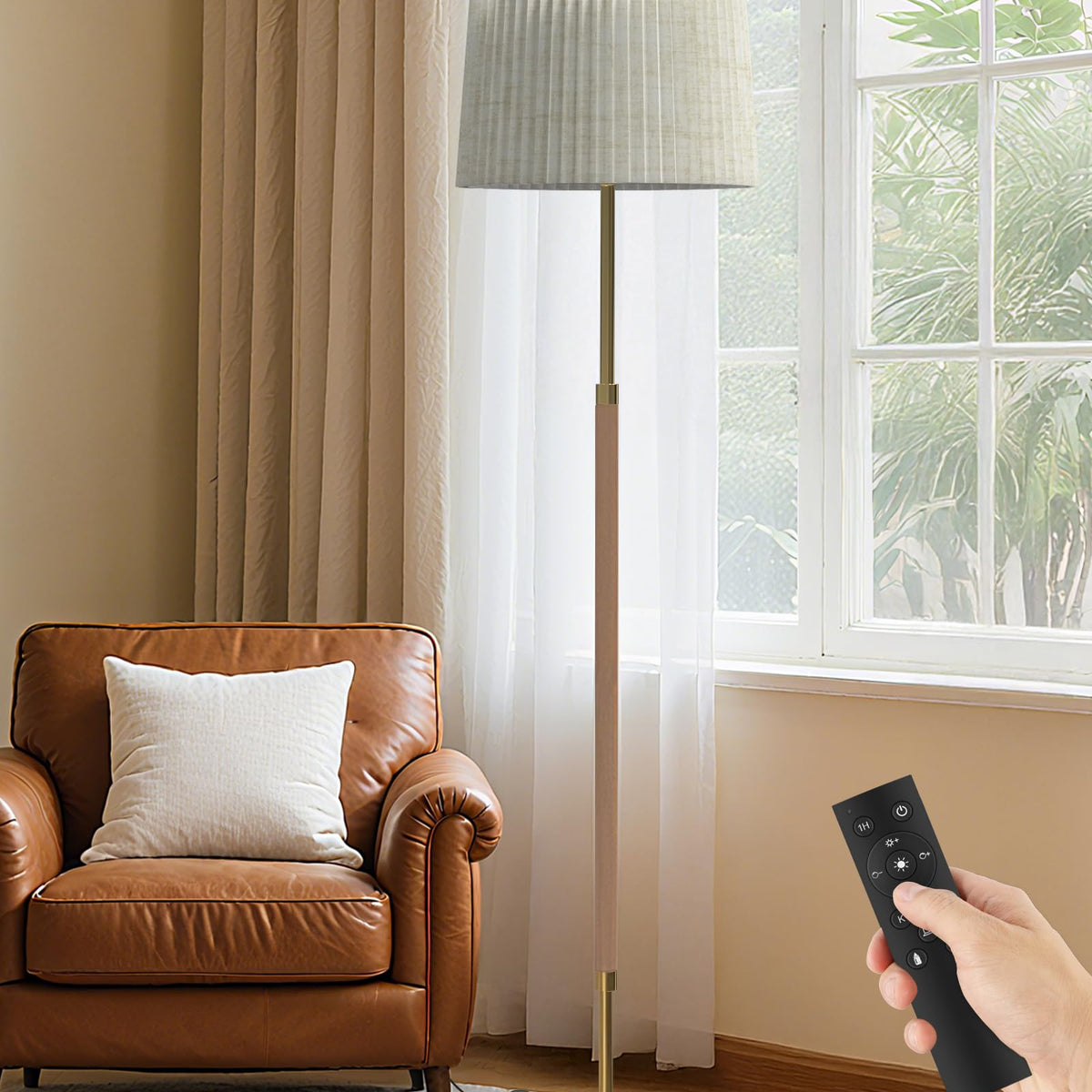 JOOFO Mid-Century Modern Wood Floor Lamp with Dual Fabric Shade, Remot ...
