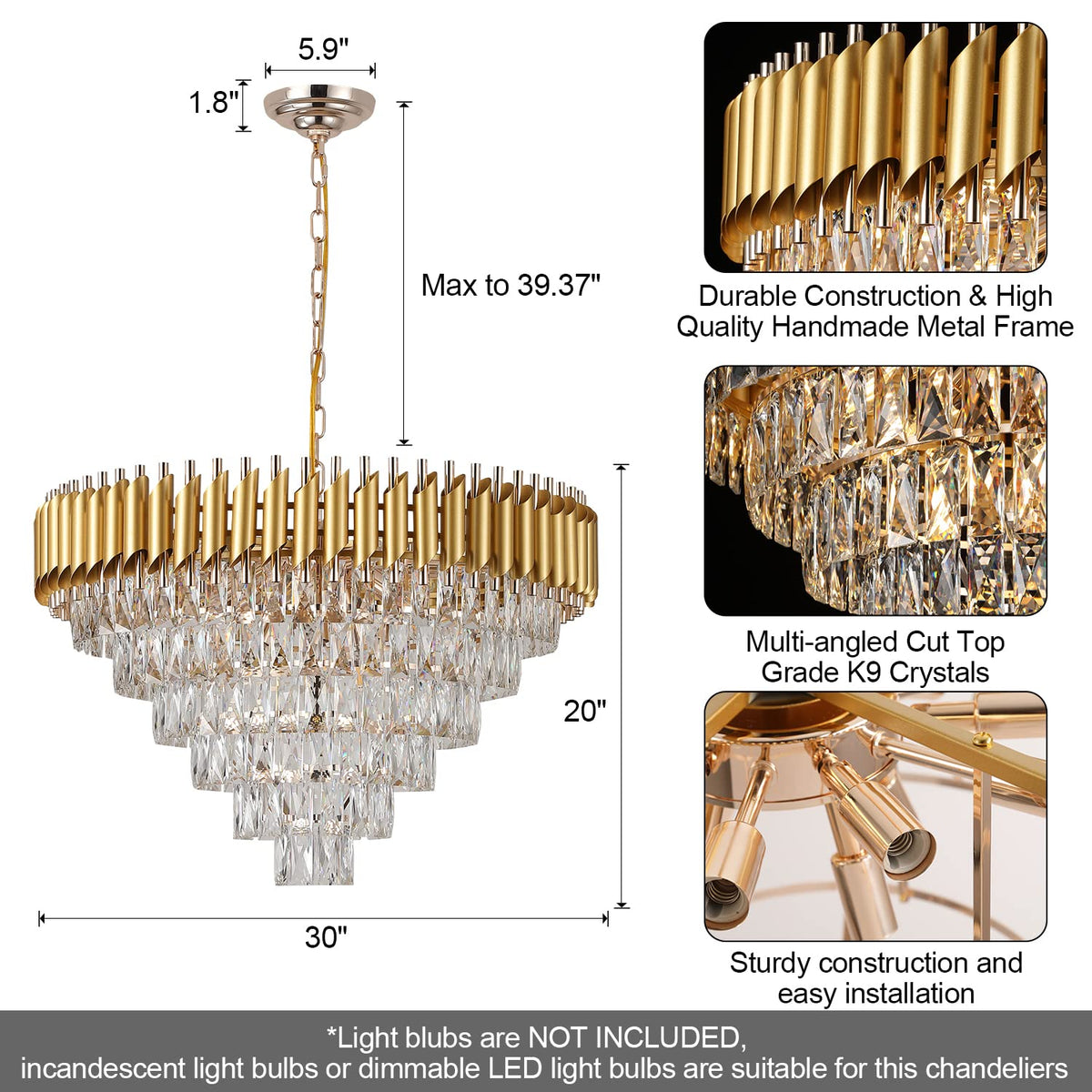 AXILIXI Gold Crystal Chandelier, Modern 30" Metal Pendant Light, K9 6 ...