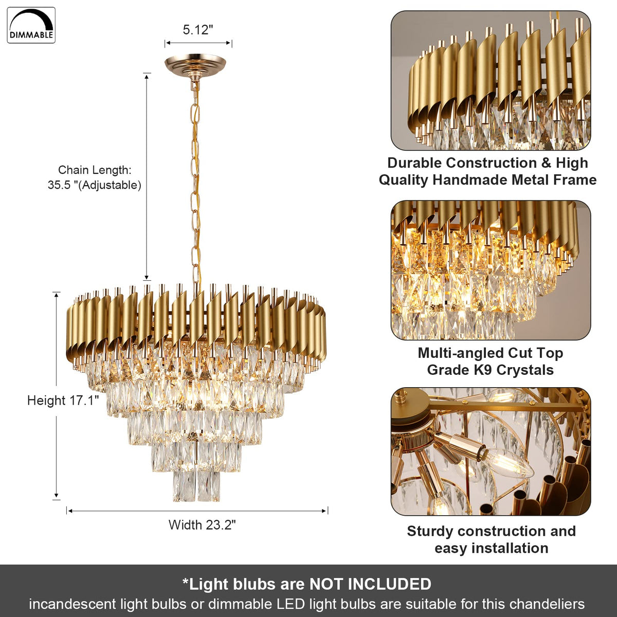 AXILIXI Modern Crystal Chandelier, 24" Gold Raindrop Flush Mount, 5 Ti ...