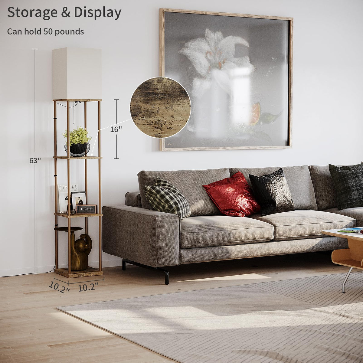 SUNMORY Floor Lamp with Shelves, Modern Square Shelf Lamp, Display ...