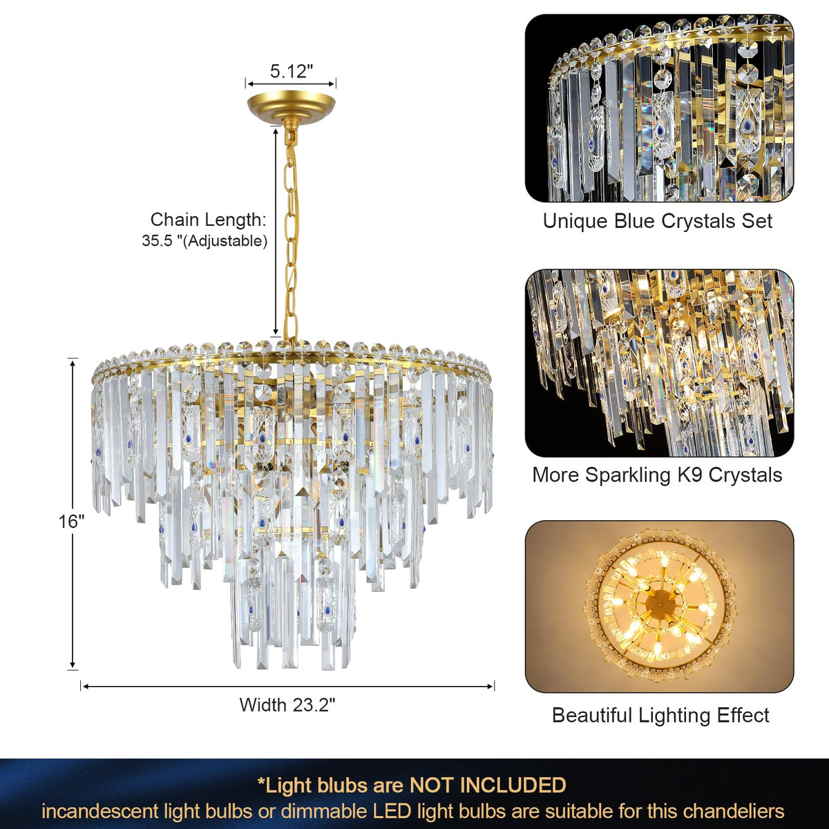 A AXILIXI Gold Crystal Chandelier, 24" Modern 3-Tier 12-Light Ceiling ...