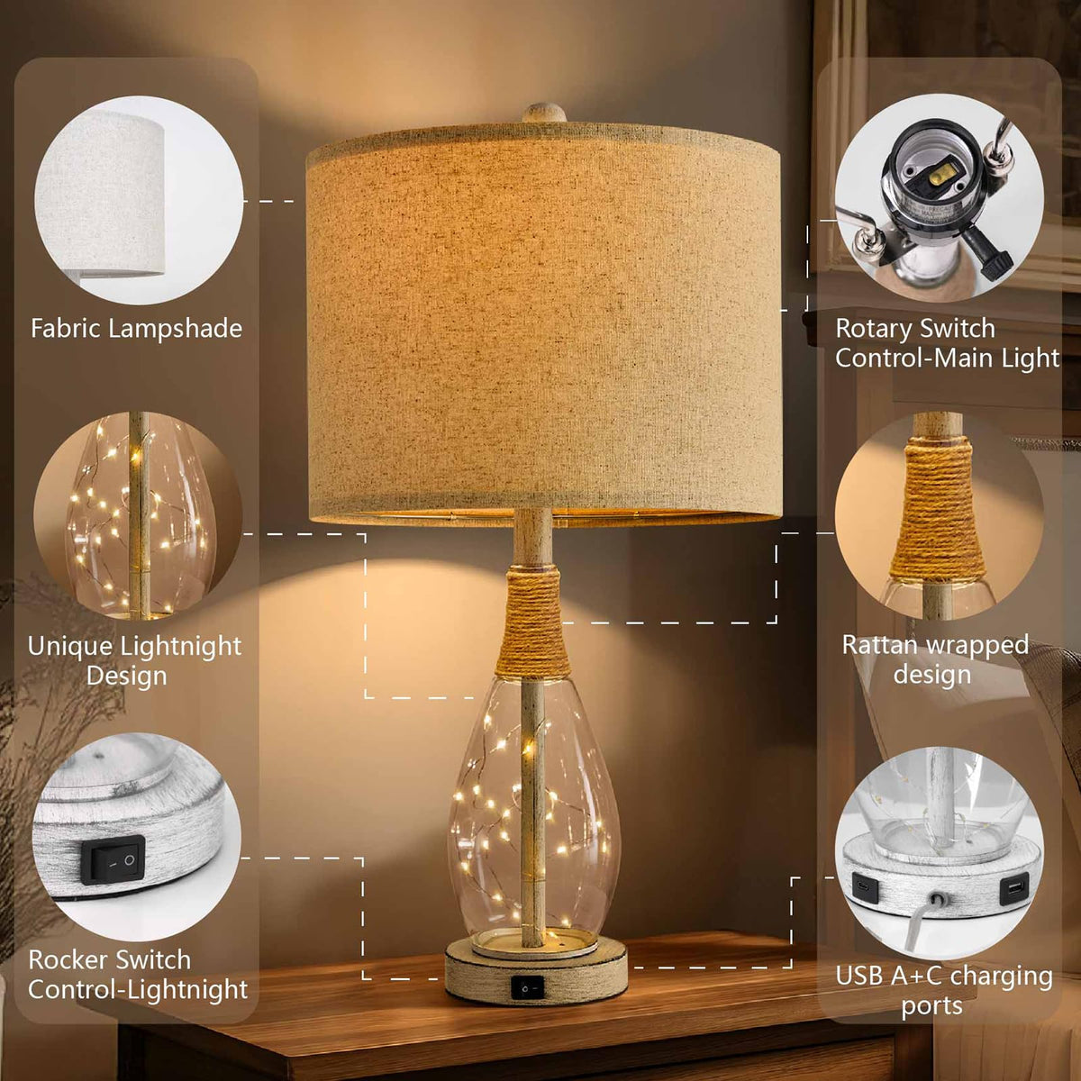 OYEARS 23'' USB A+C Table Lamp for Bedroom Living Room Modern Bedside ...