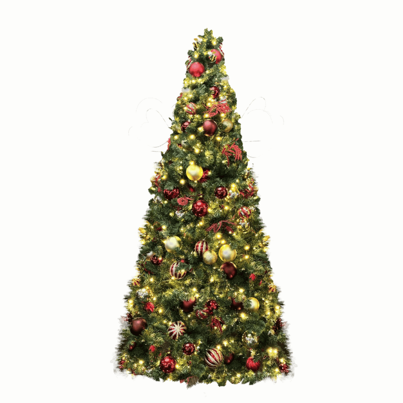 9FT Artificial Christmas Tree PVC Pre-Decorated Red Burgundy Gold Ornaments with Warm White Lights