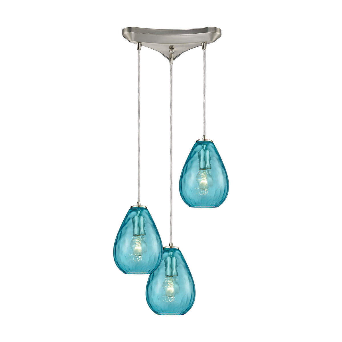 Lagoon 3-Light Triangle Pan in Satin Nickel with Aqua Water Glass Pendant