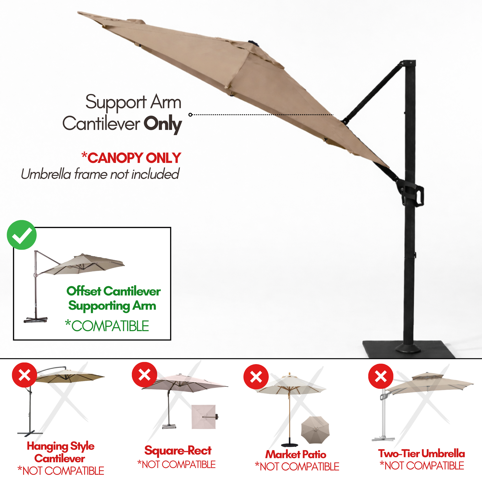 11 ft Cantilever Umbrella Replacement Canopy Supported Bar 8 Ribs Taupe