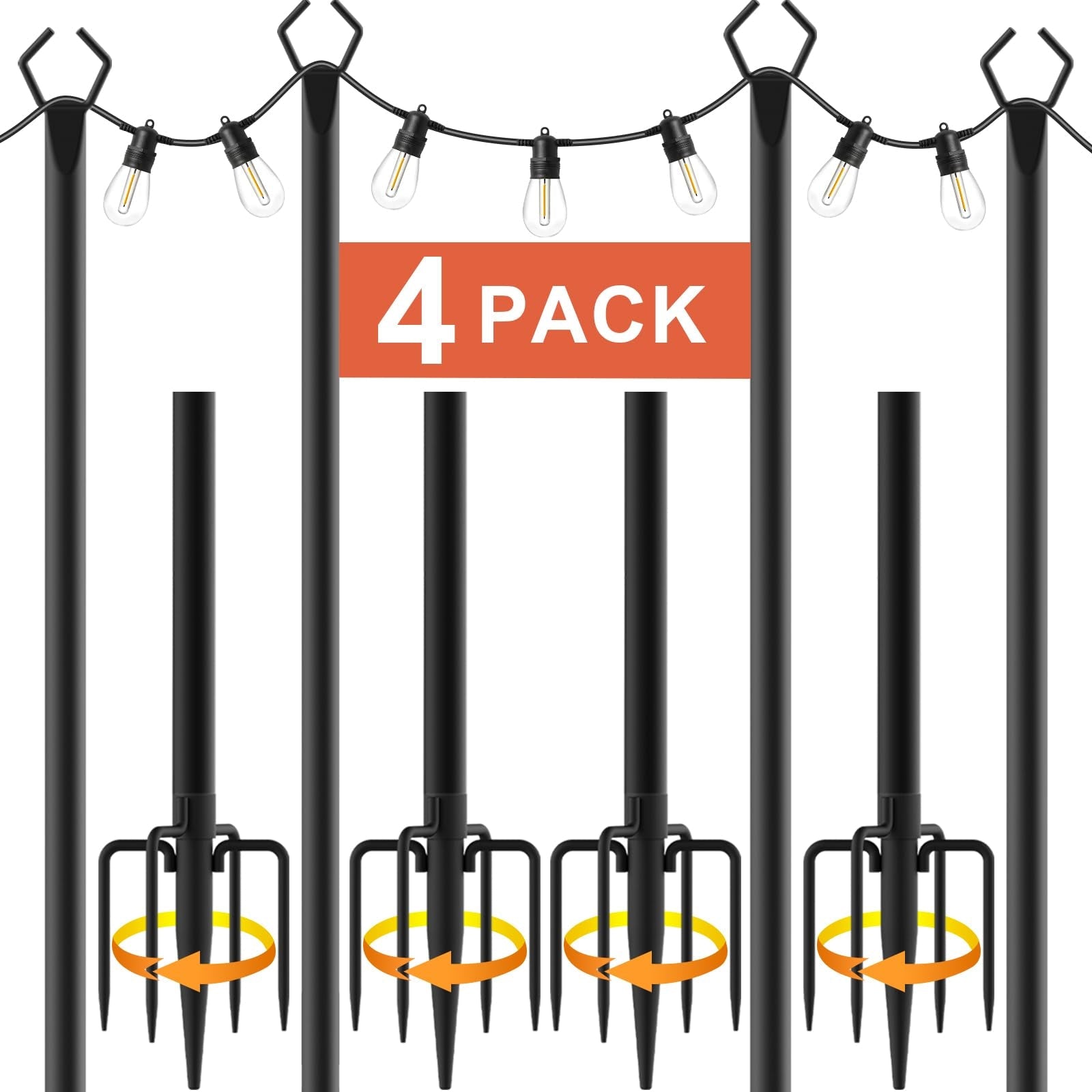 10 Ft Extra-Thick String Light Poles – 4 Pack, Outdoor Metal Poles with Fence Brackets for Patio & Hanging Lights