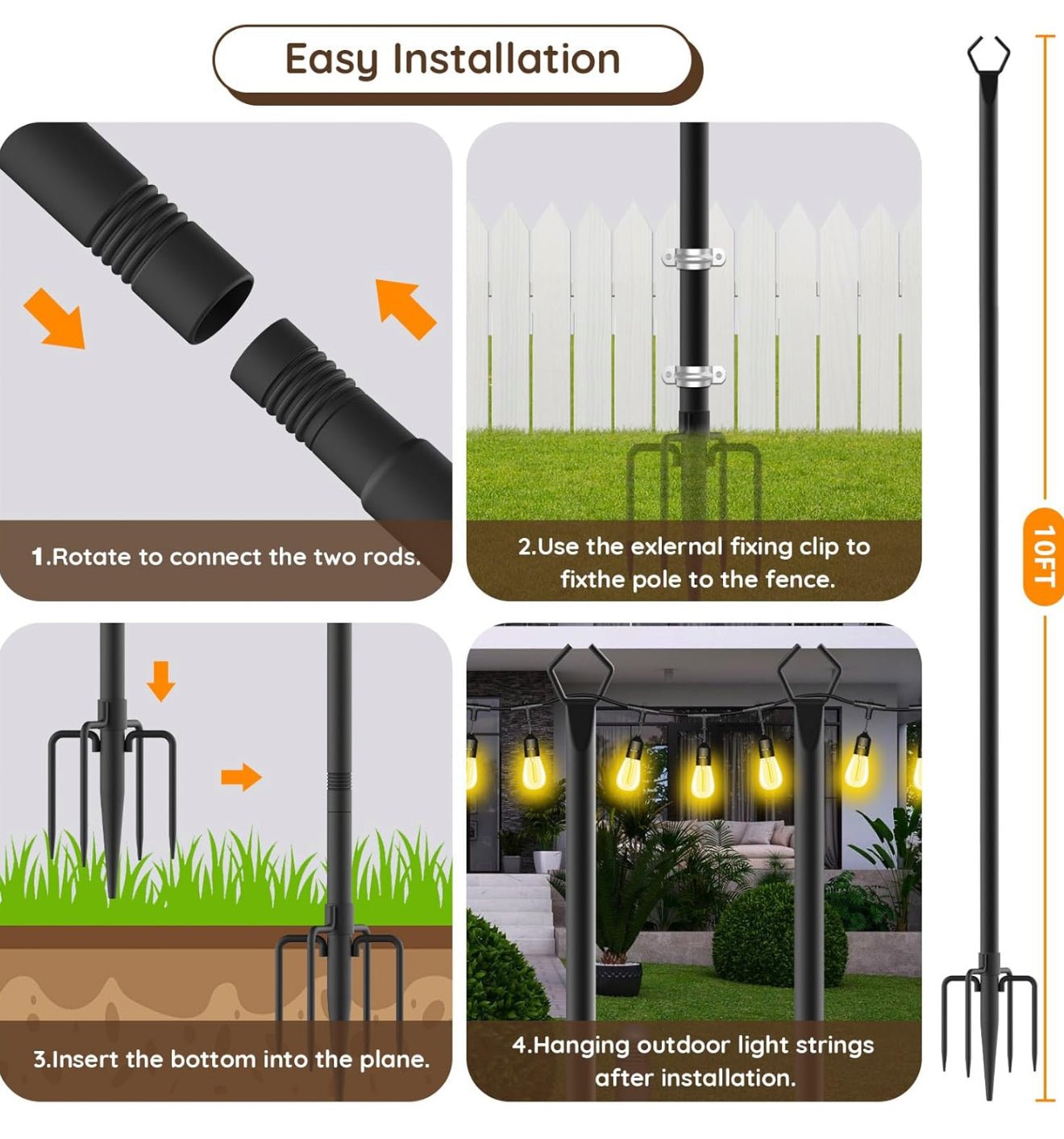 10 Ft Extra-Thick String Light Poles – 4 Pack, Outdoor Metal Poles with Fence Brackets for Patio & Hanging Lights