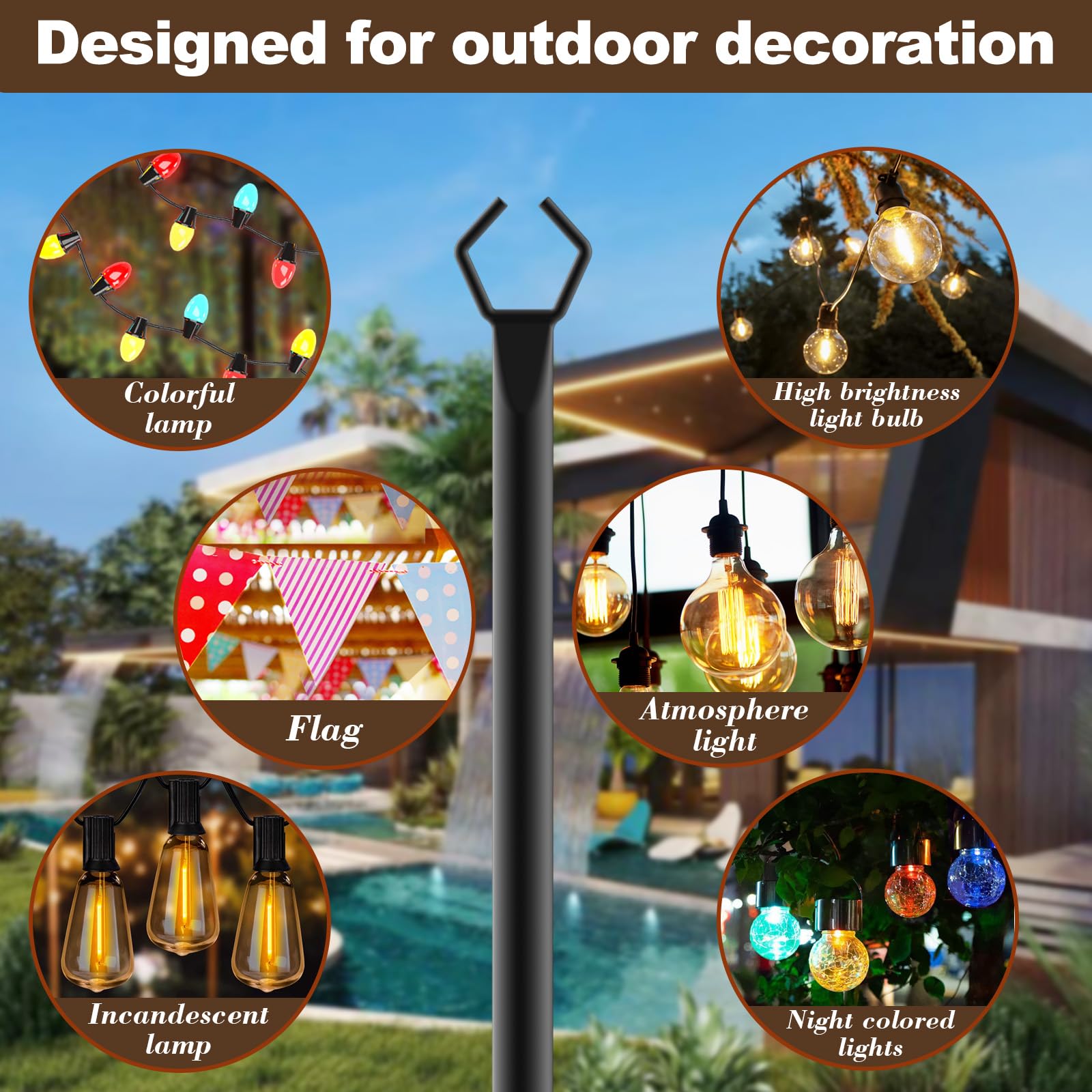 10 Ft Extra-Thick String Light Poles – 4 Pack, Outdoor Metal Poles with Fence Brackets for Patio & Hanging Lights