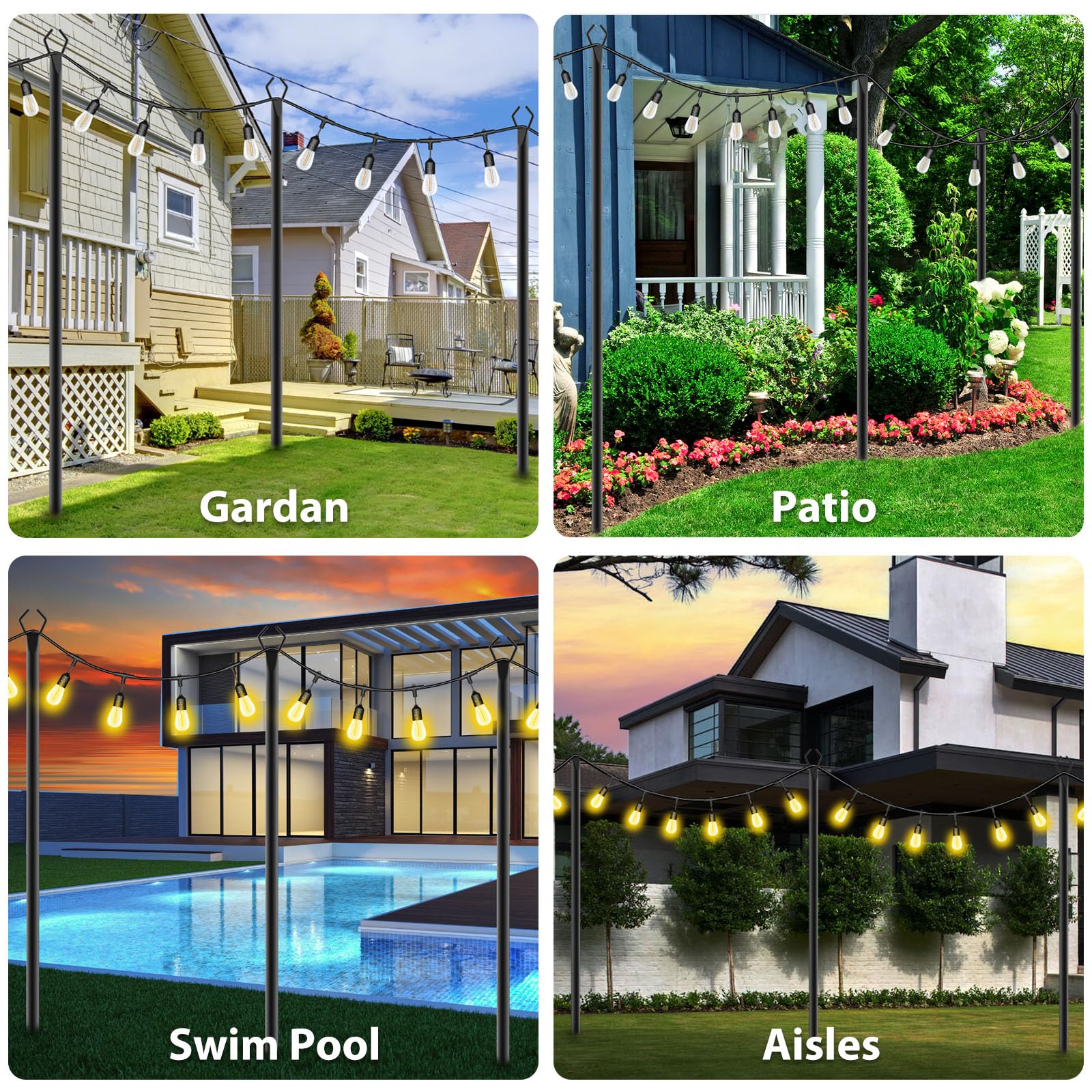 10 Ft Extra-Thick String Light Poles – 4 Pack, Outdoor Metal Poles with Fence Brackets for Patio & Hanging Lights