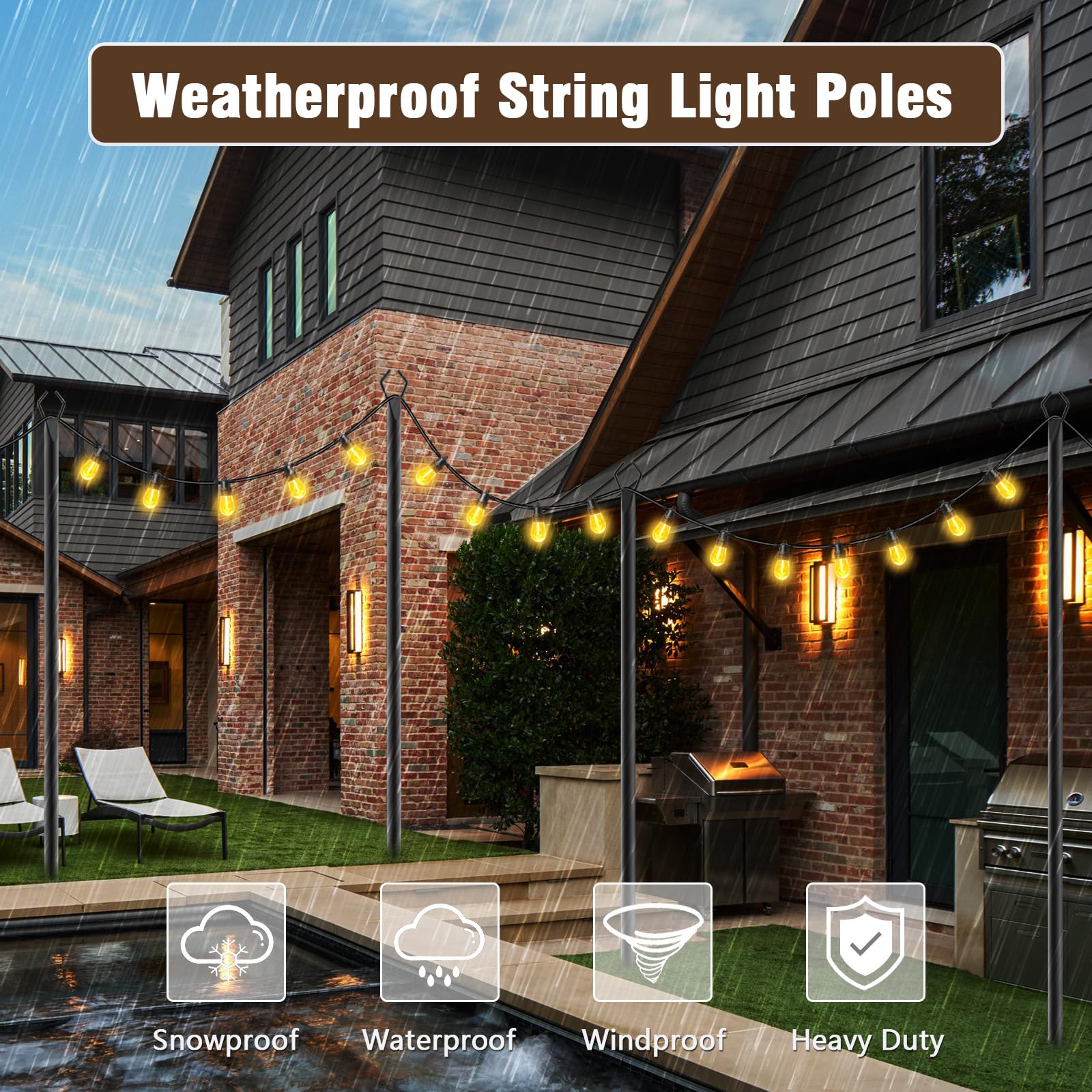 10 Ft Extra-Thick String Light Poles – 4 Pack, Outdoor Metal Poles with Fence Brackets for Patio & Hanging Lights
