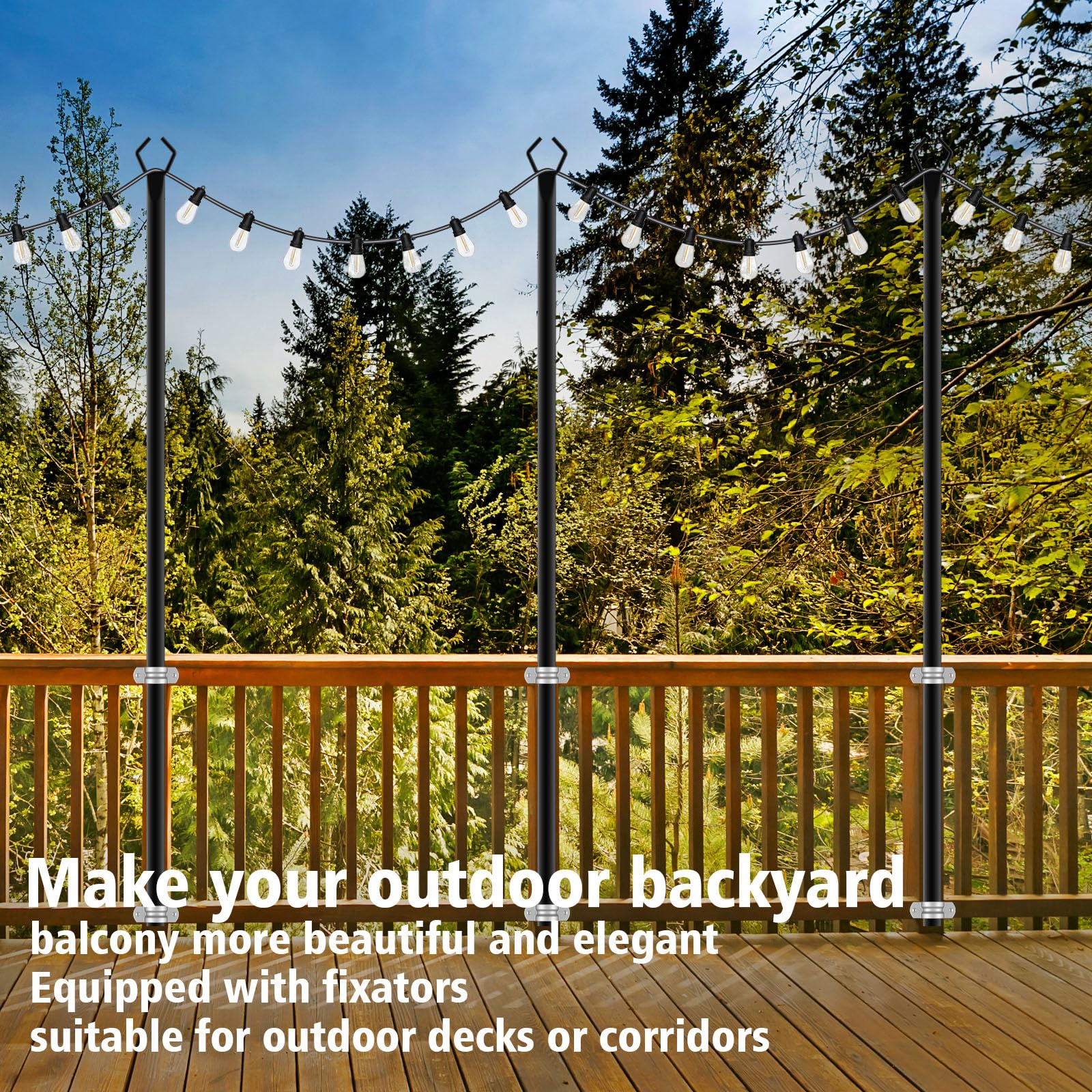 10 Ft Extra-Thick String Light Poles – 4 Pack, Outdoor Metal Poles with Fence Brackets for Patio & Hanging Lights