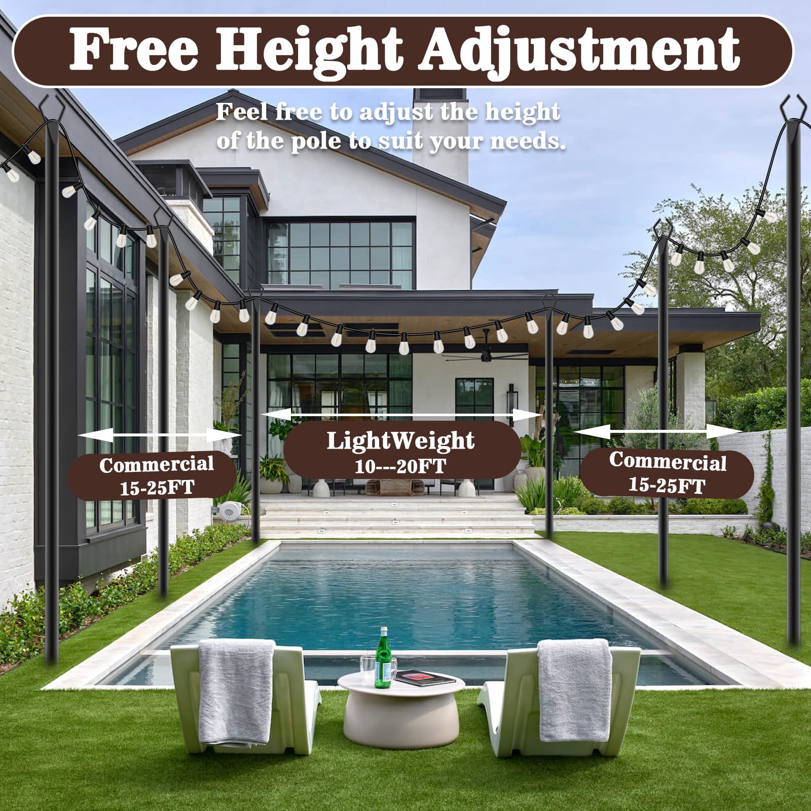 10 Ft Extra-Thick String Light Poles – 4 Pack, Outdoor Metal Poles with Fence Brackets for Patio & Hanging Lights