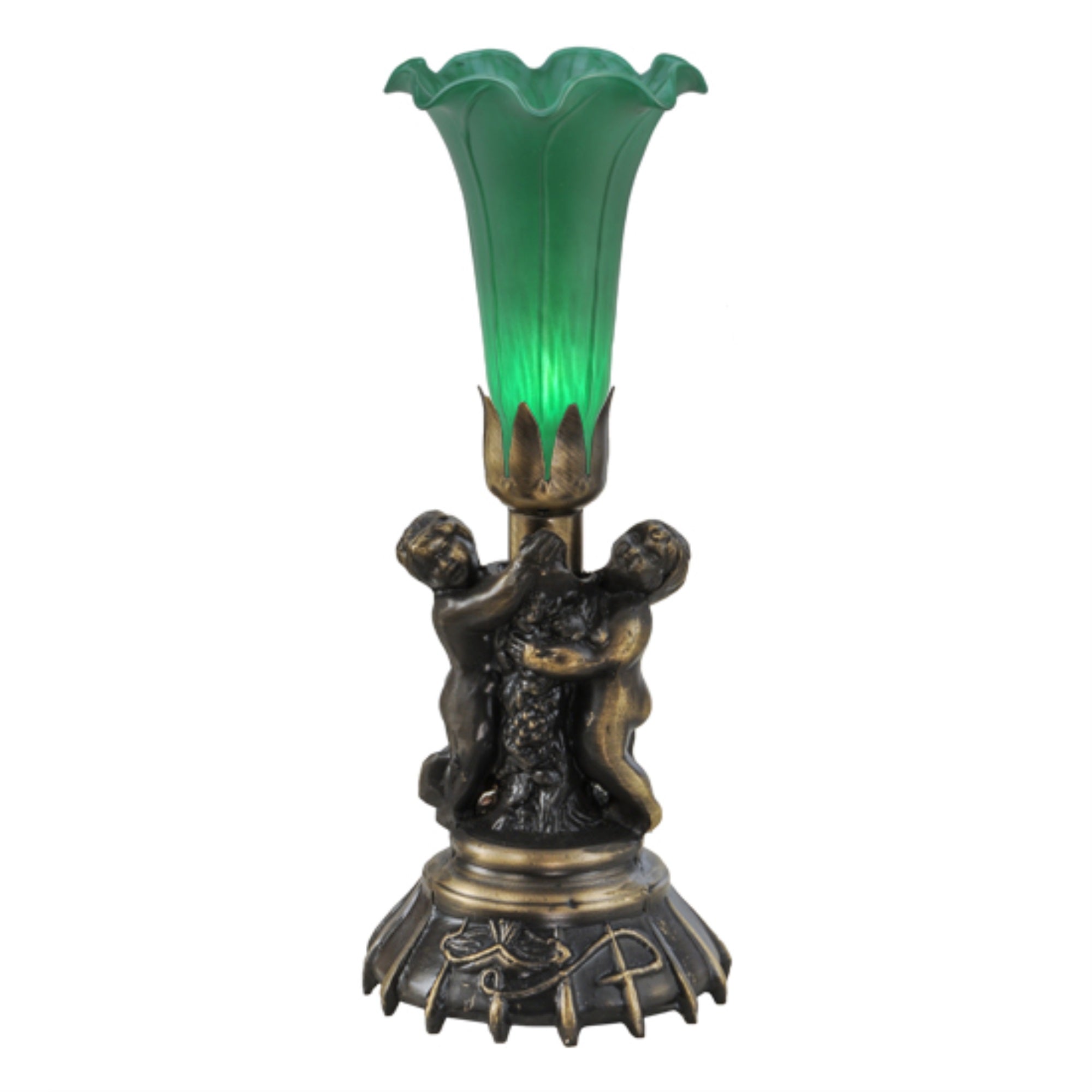 13 inchHigh Green Twin Cherub Pond Lily Mini Lamp