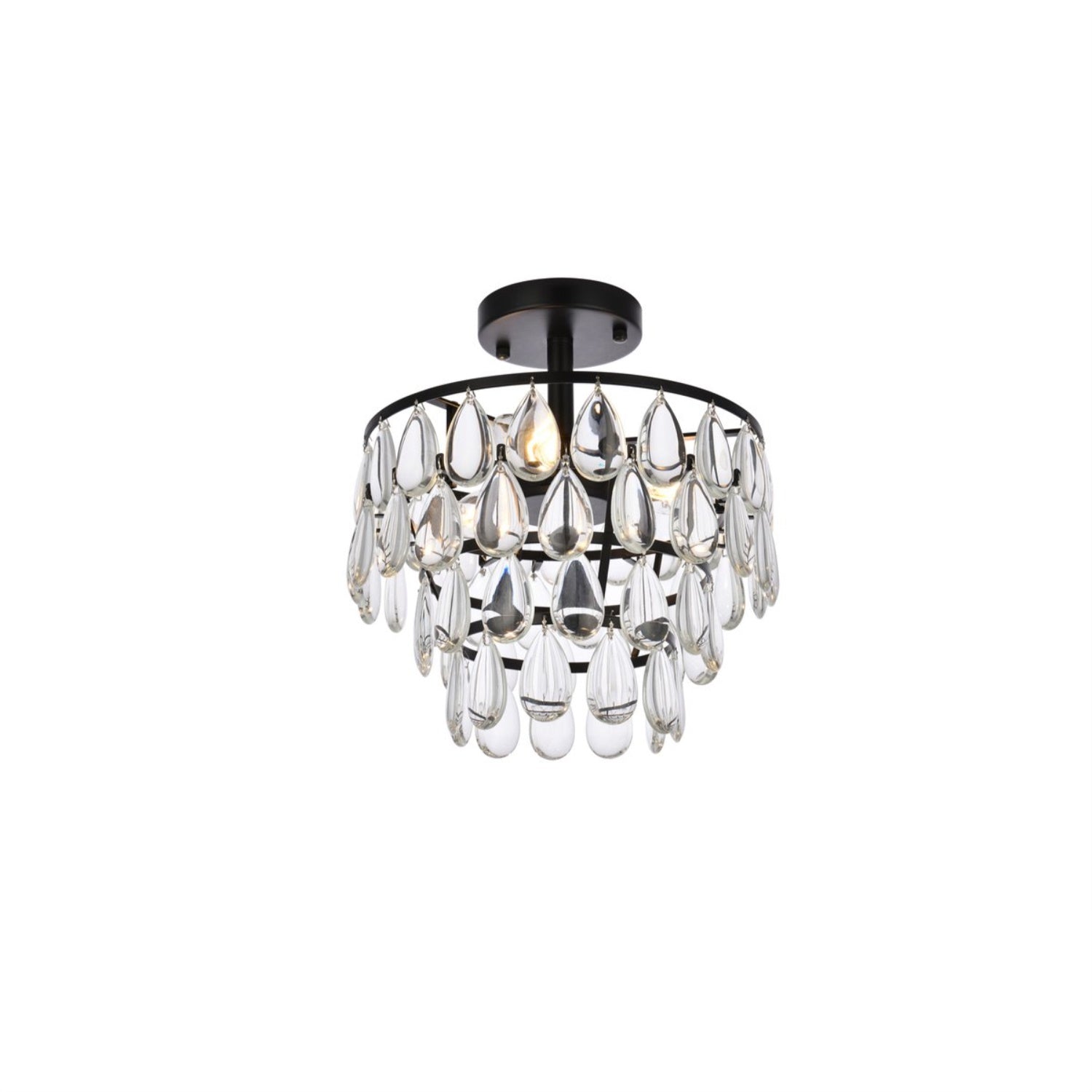 Elegant Lighting Mila 12in Flush Mount Light, Black, Stainless Steel, Wood, Glass, Crystal, Model 1103F12BK