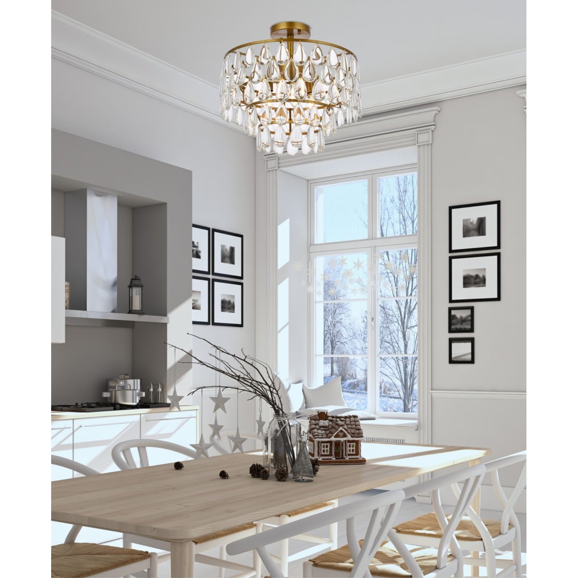 Elegant Lighting Flush Mount Light Fixture, Brass, 16in Size, Model 1103F16BR, Stainless Steel, Wood, Glass, Crystal