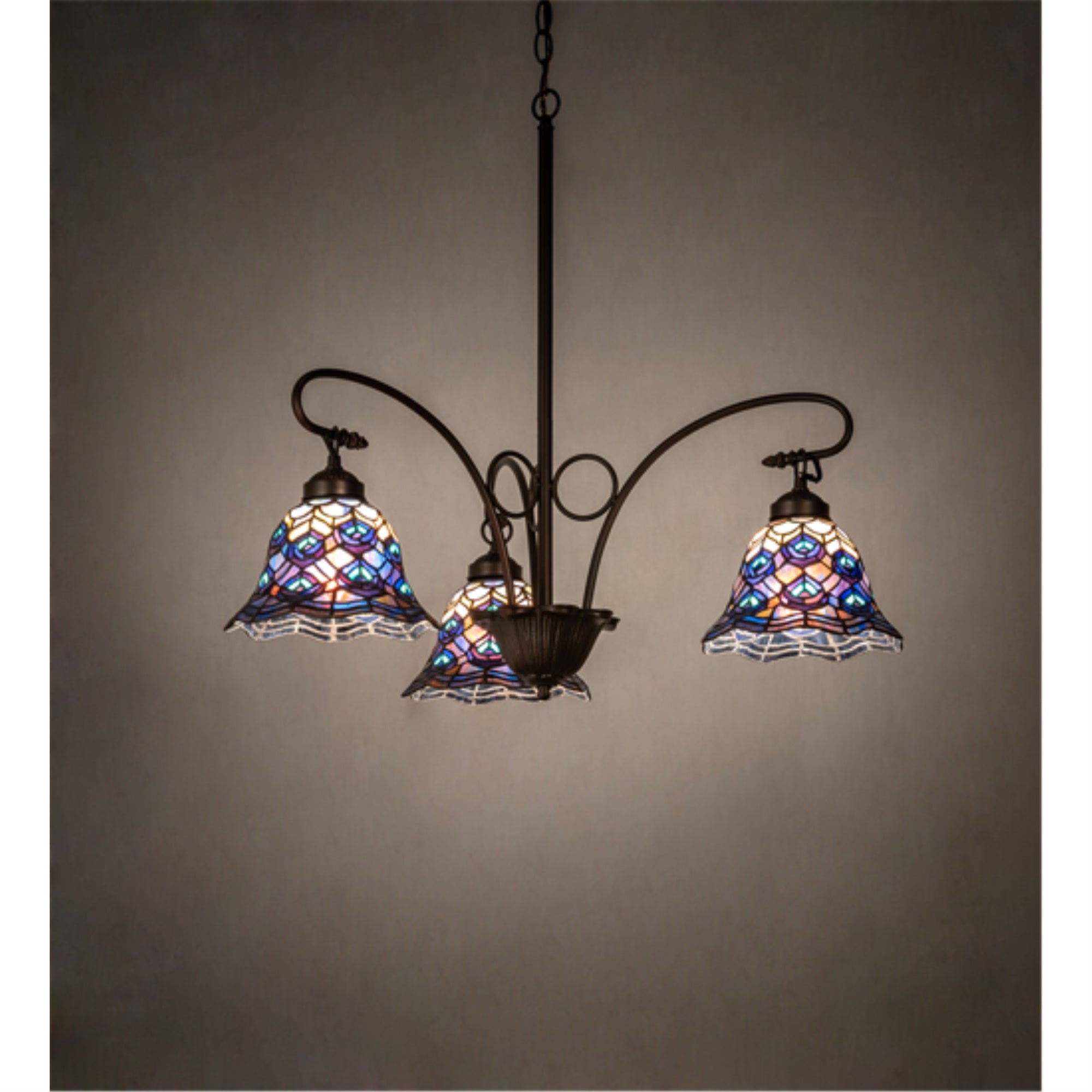 32 inch Wide Peacock Feather 3 Light Chandelier