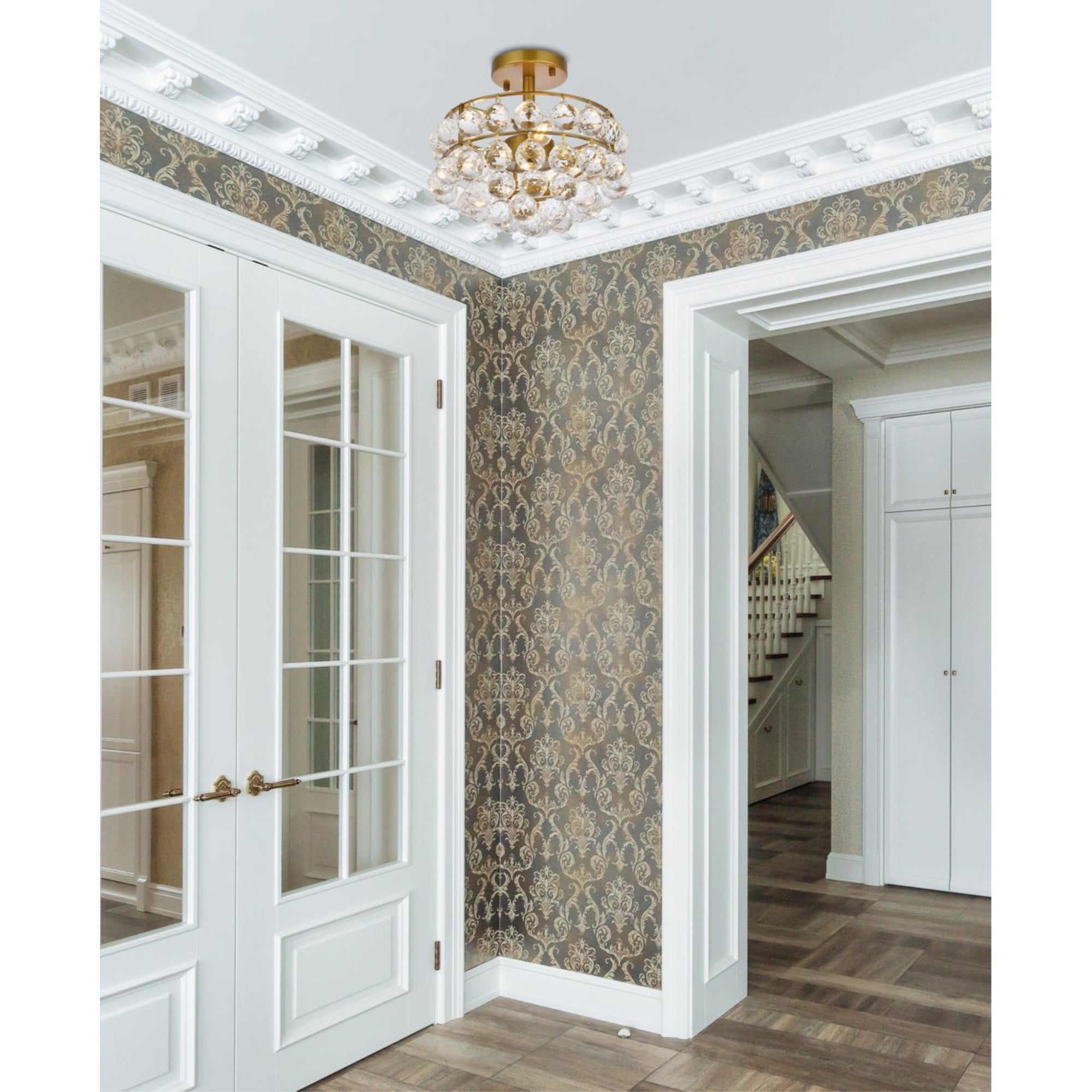 Elegant Lighting Flush Mount Light, 12 inch, Brass, Stainless Steel, Wood, Glass, Crystal, Model 1107F12BR