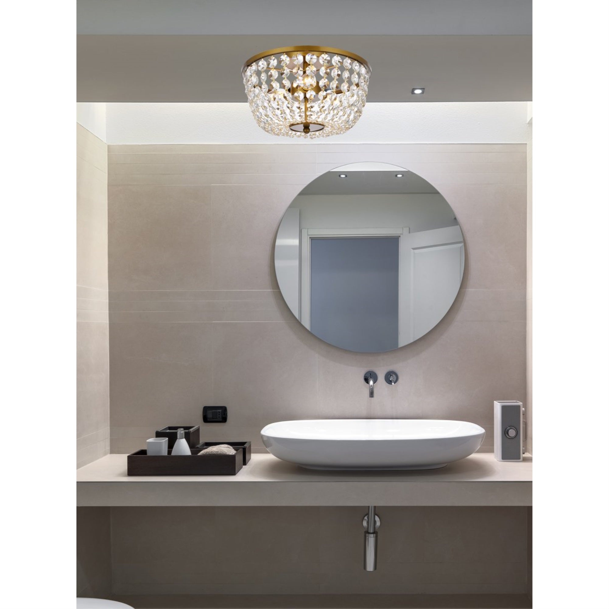 Elegant Lighting Flush Mount Light Fixture, Brass, 13inL x 13inW x 8.5inH, Stainless Steel, Wood, Glass, Crystal, Model 1109F13BR