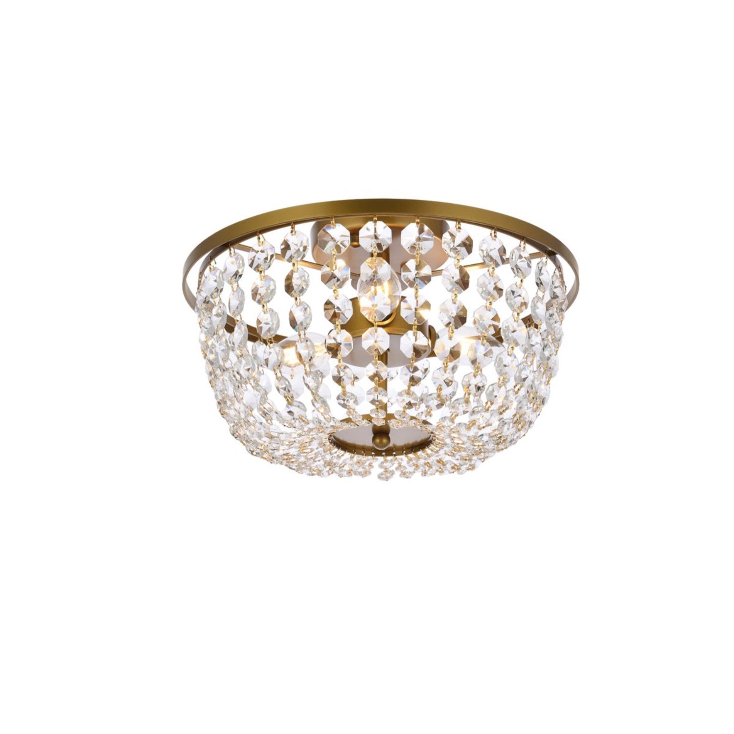 Elegant Lighting Flush Mount Light Fixture, Brass, 13inL x 13inW x 8.5inH, Stainless Steel, Wood, Glass, Crystal, Model 1109F13BR