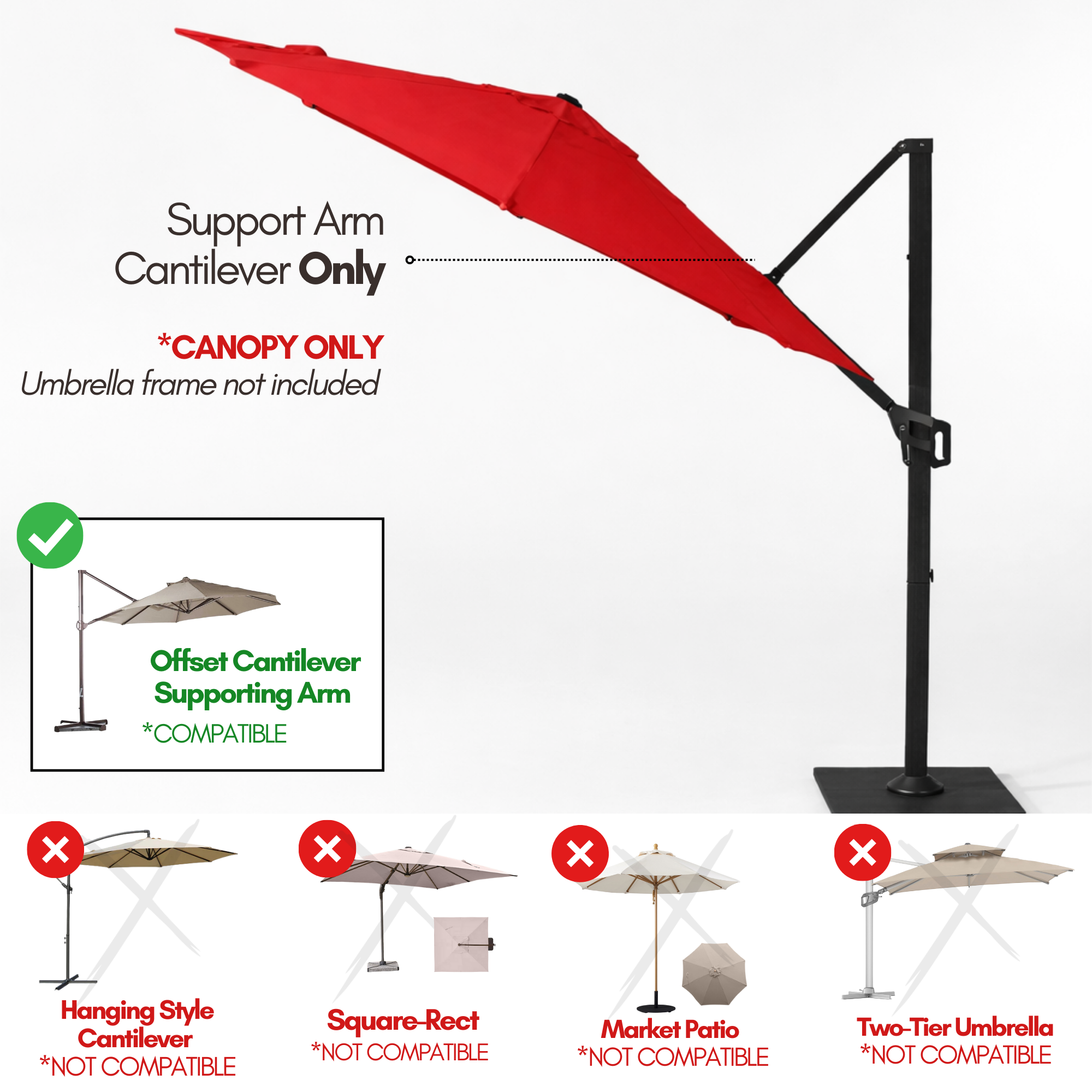 11ft Cantilever Umbrella Replacement Canopy Supported Bar 8 Ribs Red