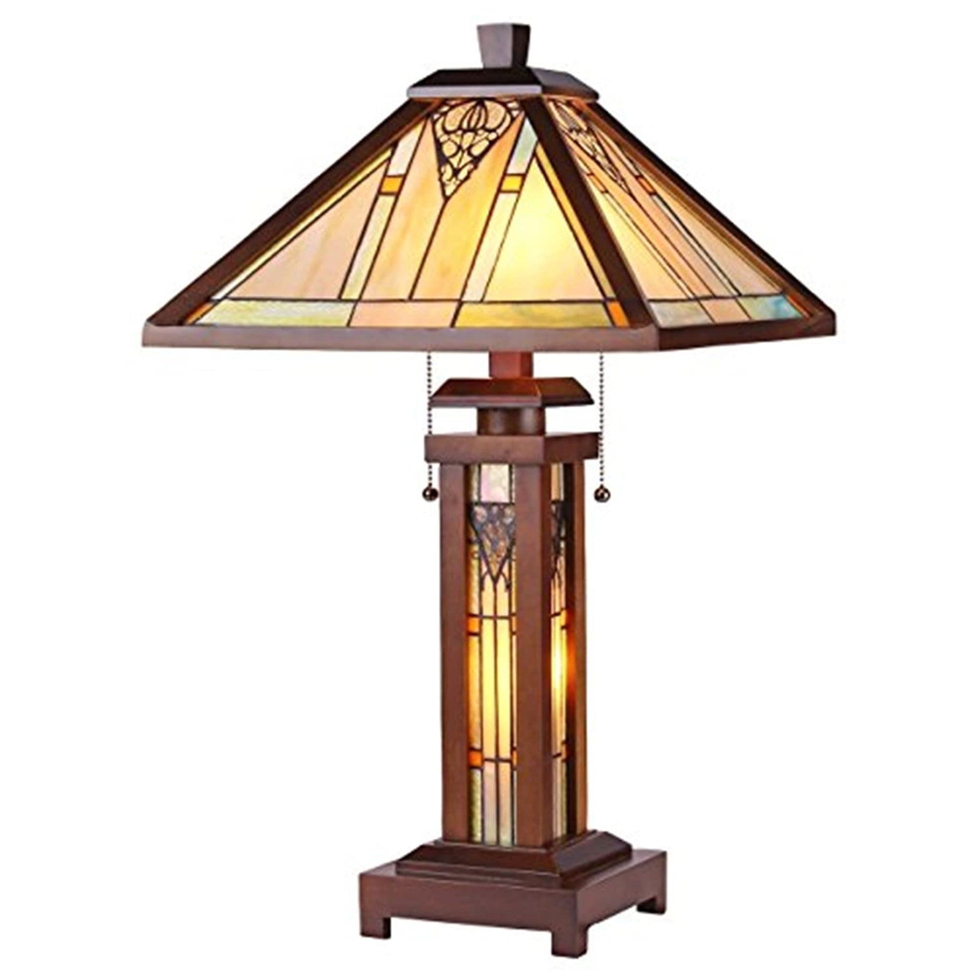 Chloe Lighting Zella Tiffany-Style Mission 3 Light Double Lit Wooden Table Lamp 15&quot; Shade
