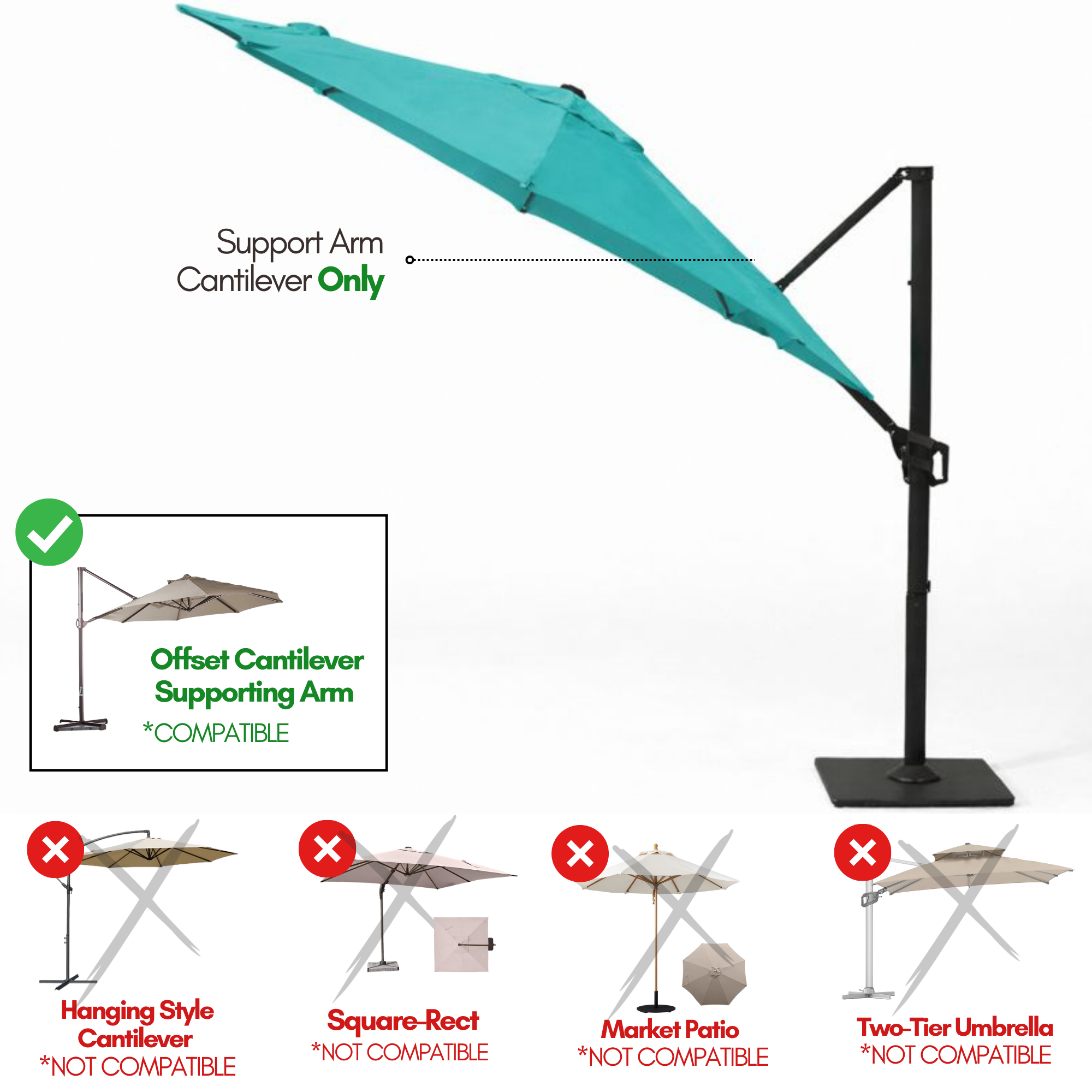 11 ft Cantilever Umbrella Replacement Canopy Supported Bar 8 Ribs Aruba Turquoise