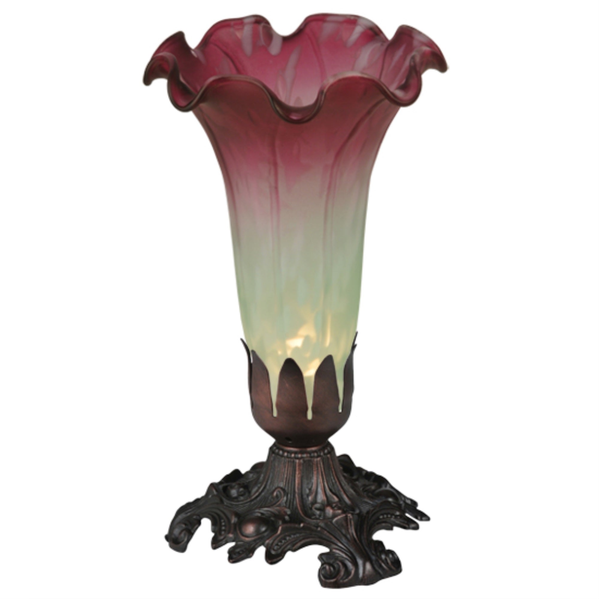 Meyda Tiffany One Light Accent Lamp Mahogany Bronze Metal Seafoam/Cranberry Pond Lily Collection Model 185087